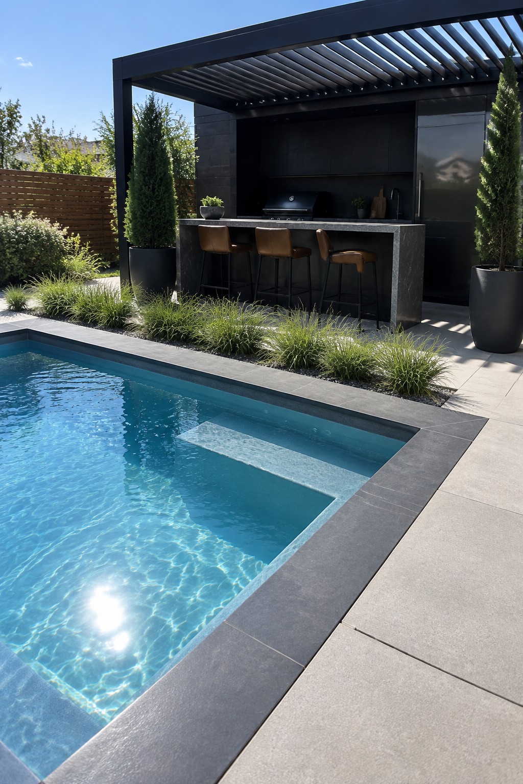 A modern backyard with a rectangular plunge pool beside a dark outdoor bar with three brown stools under a black pergola.