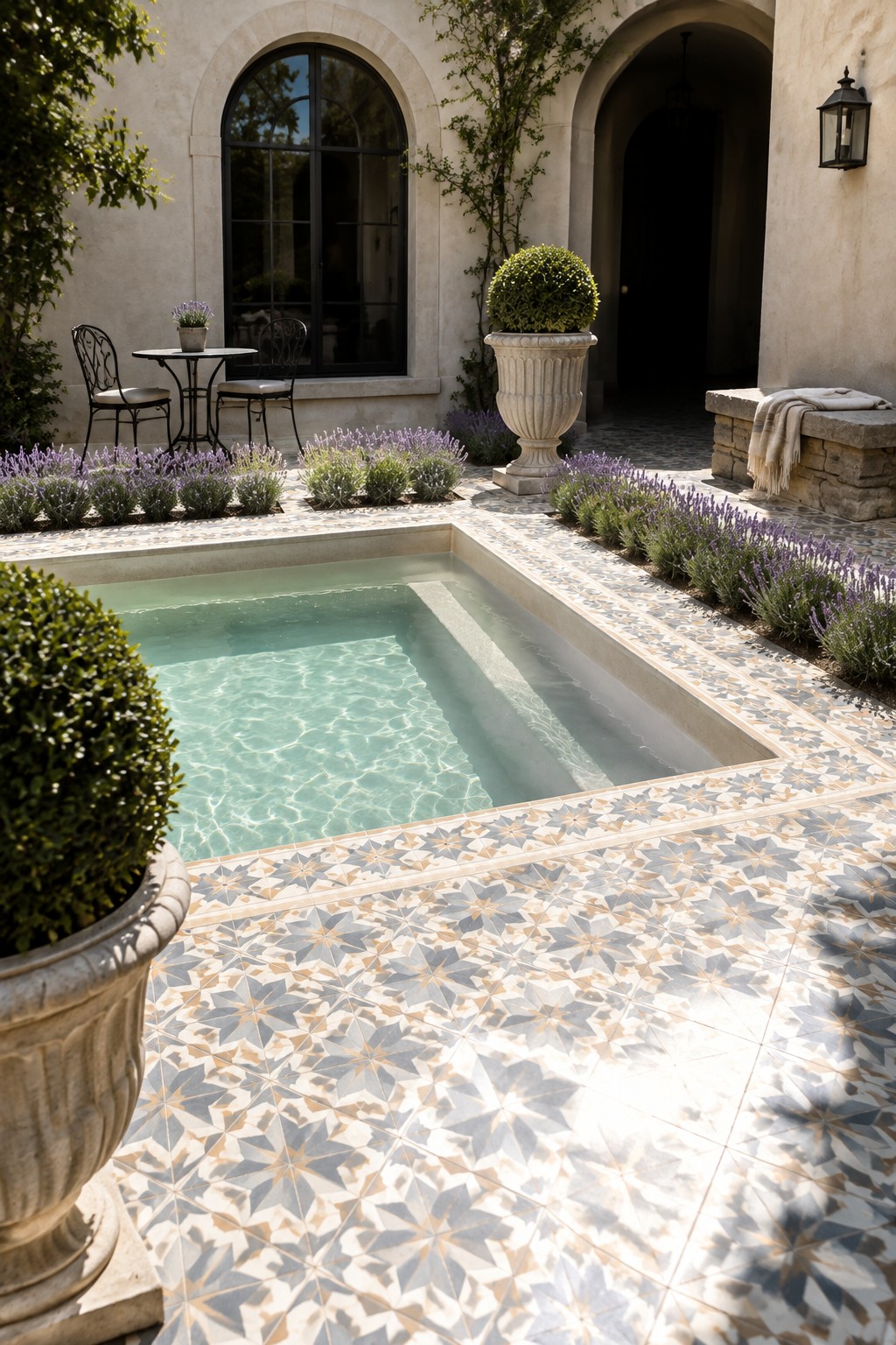 Rectangular turquoise pool edged with ornate star-patterned tiles, lavender bushes, and stone planters in sunny courtyard.