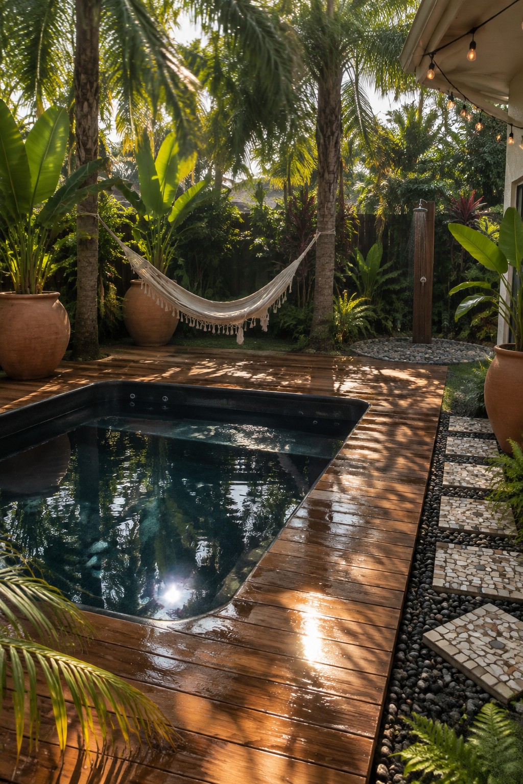 A rectangular fiberglass plunge pool set into a wooden deck with tropical plants, a hammock, and an outdoor shower visible in the background.
