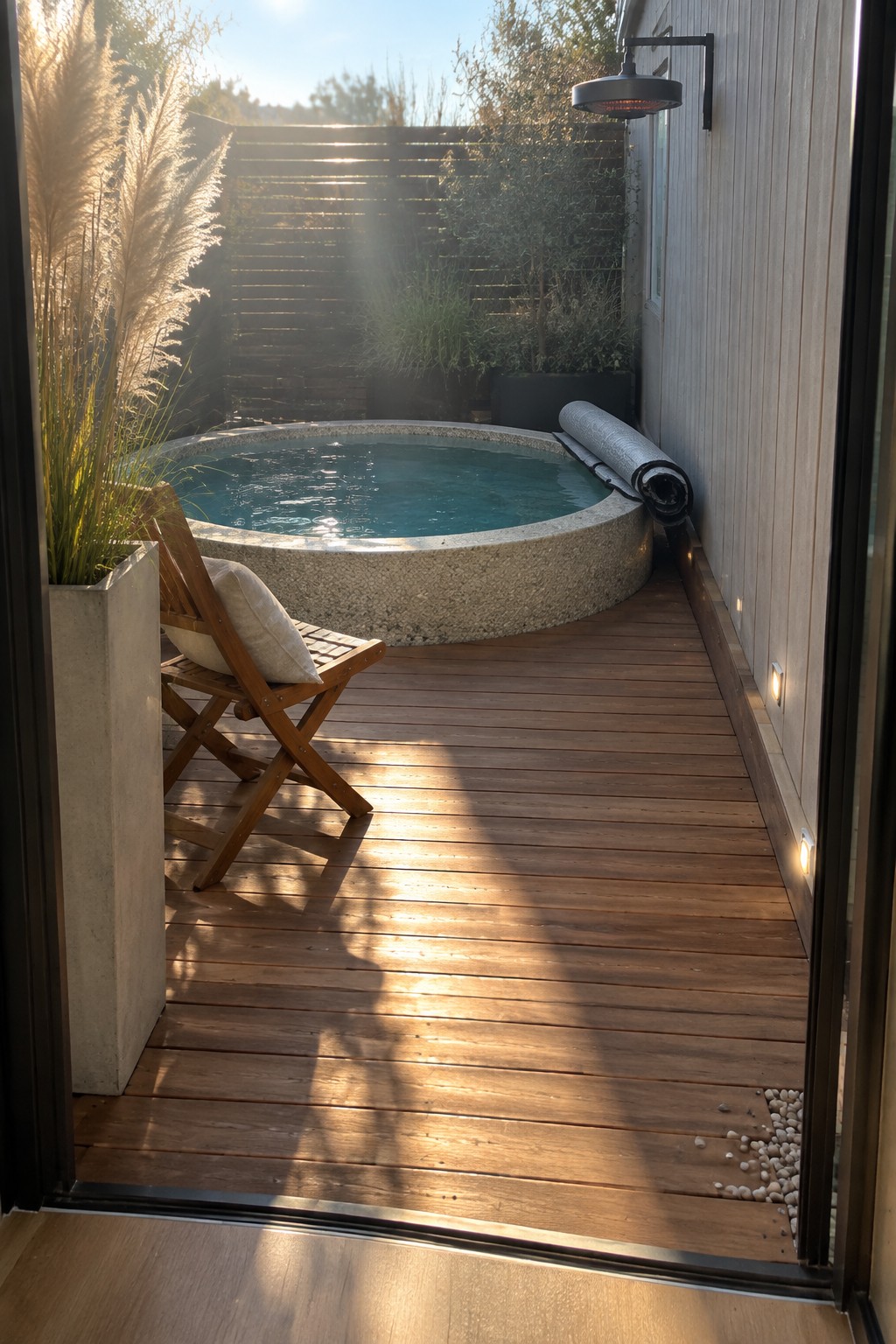 Wooden deck with circular hot tub, folding chair, potted grasses, and sunlight shadows