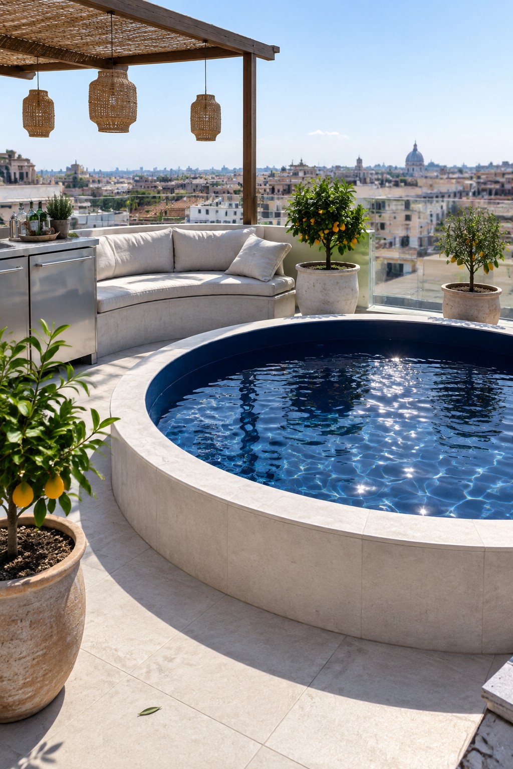 A round blue plunge pool sits on a tiled rooftop terrace with curved built-in seating, potted lemon trees, woven pendant lights, and a city view in the background.