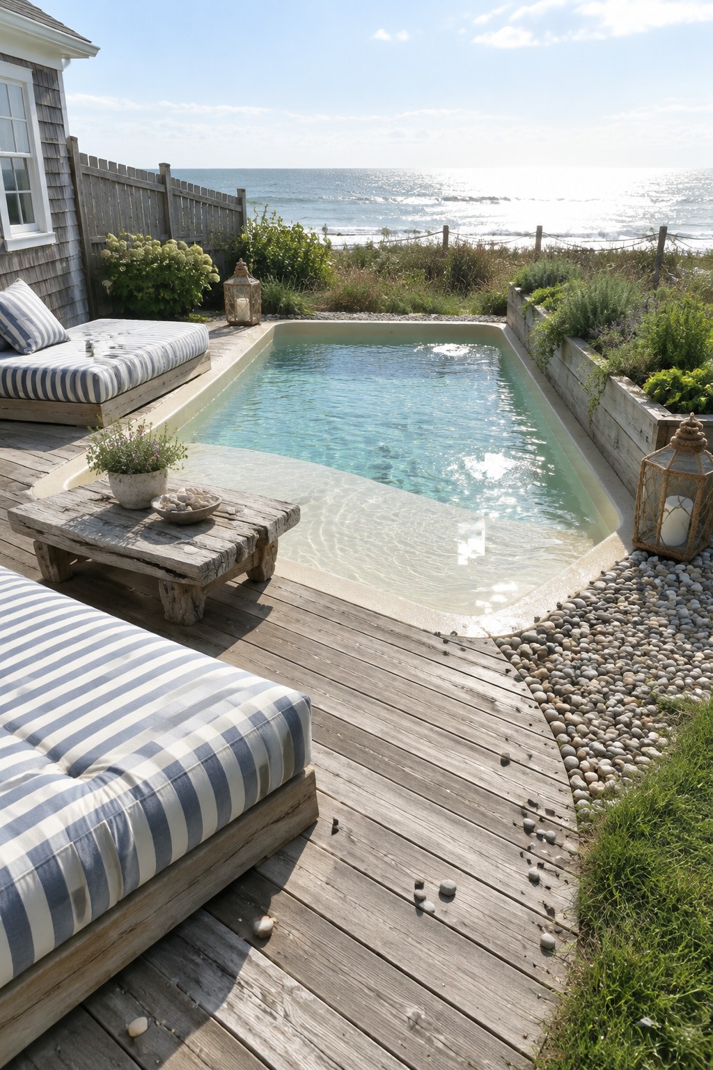 A rectangular fiberglass plunge pool set into a wooden deck with striped lounge chairs, a small table, lanterns, and gravel edging beside the ocean.