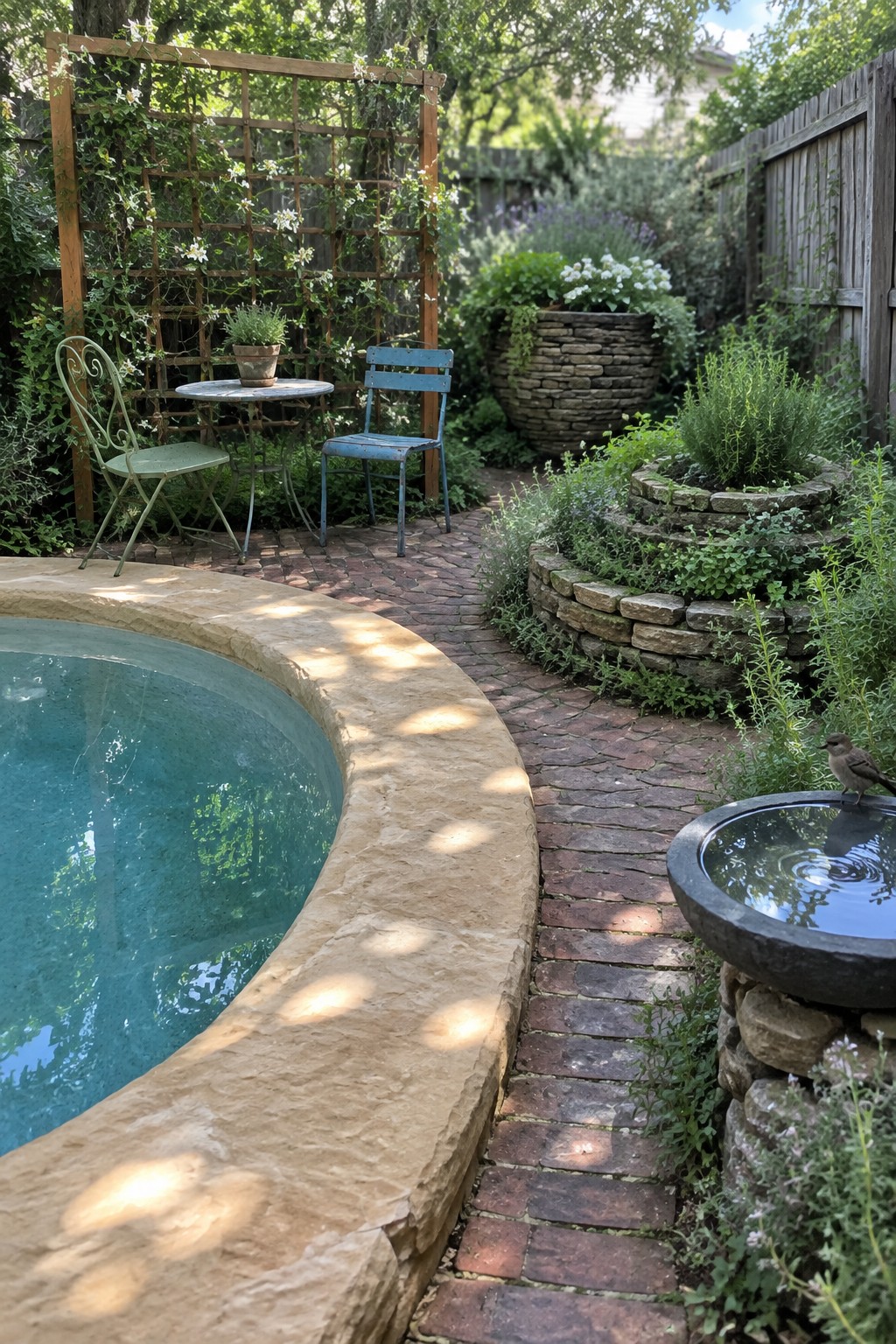 A round plunge pool with light stone coping sits beside a red brick path in a garden with metal chairs, a small table, and a birdbath nearby.