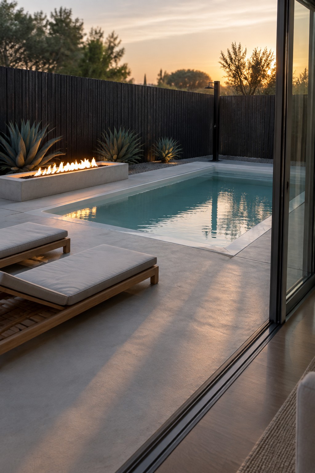 A rectangular plunge pool with light blue water on a concrete patio, flanked by two wooden lounge chairs, a concrete fire pit with flames, and several agave plants against a dark fence, seen from an open sliding door at sunset.