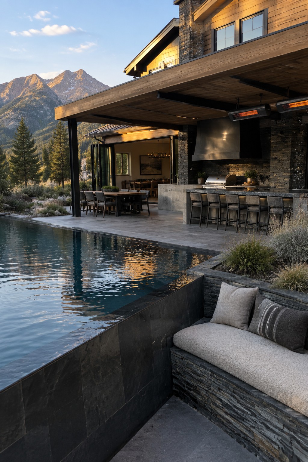 A modern mountain home with an infinity pool, built-in cushioned bench on a dark stone wall at the water's edge, outdoor kitchen with bar stools, and open dining area.