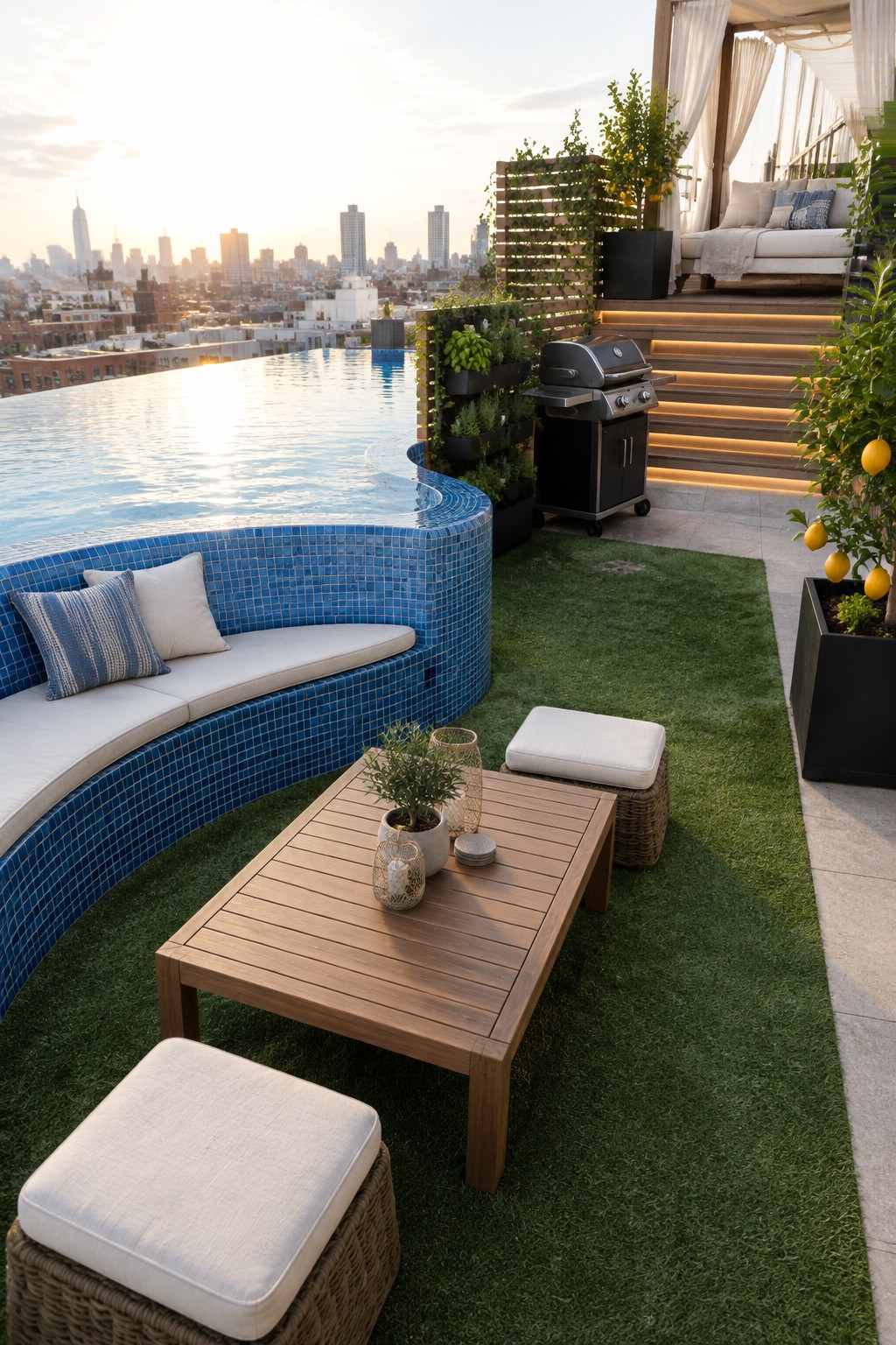 A rooftop infinity pool with curved blue-tiled built-in seating, artificial grass, a wooden coffee table, and a grill, overlooking a city skyline.