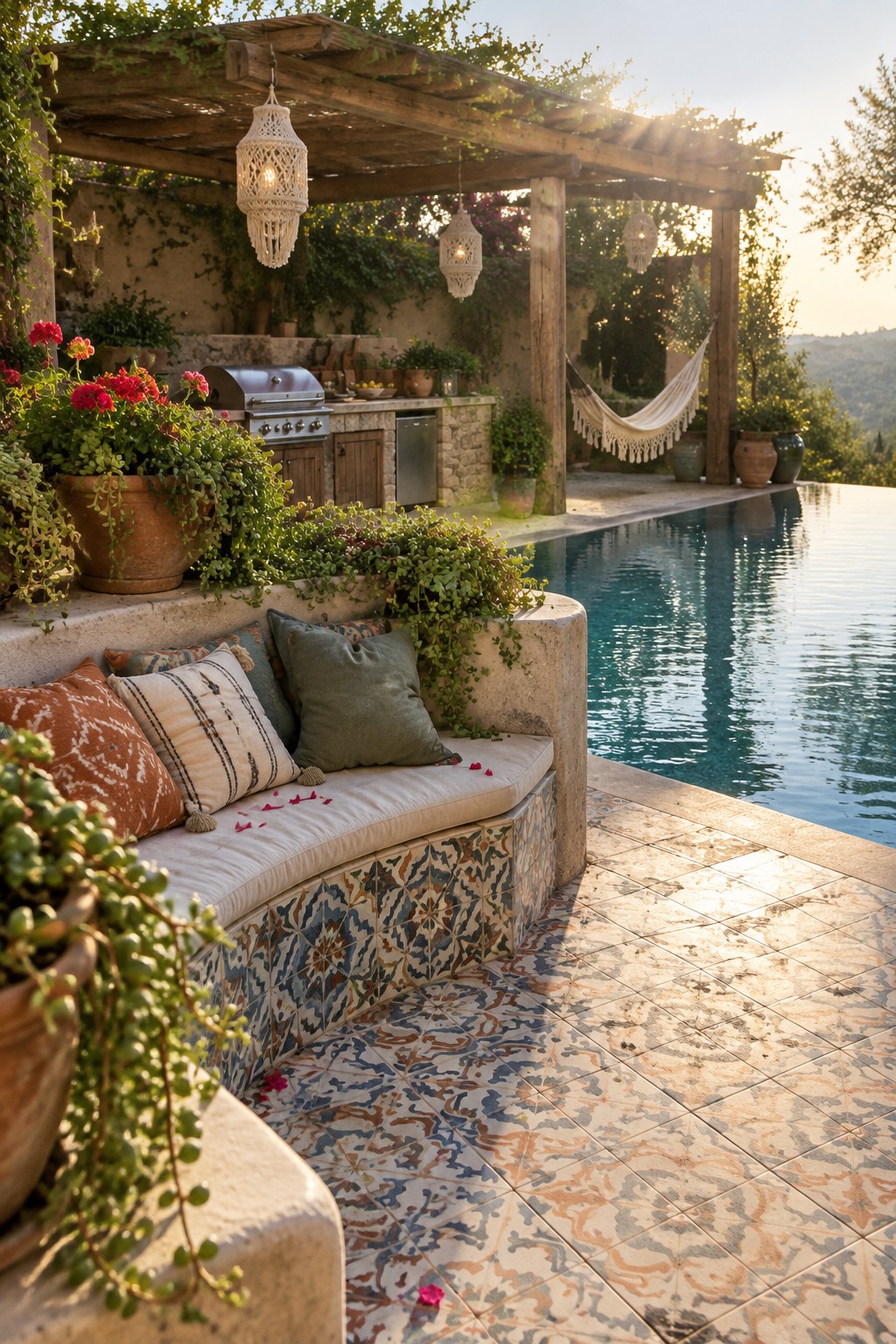 A curved built-in bench with cushions and patterned tile sits directly beside an infinity pool under a wooden pergola with an outdoor kitchen in the background.