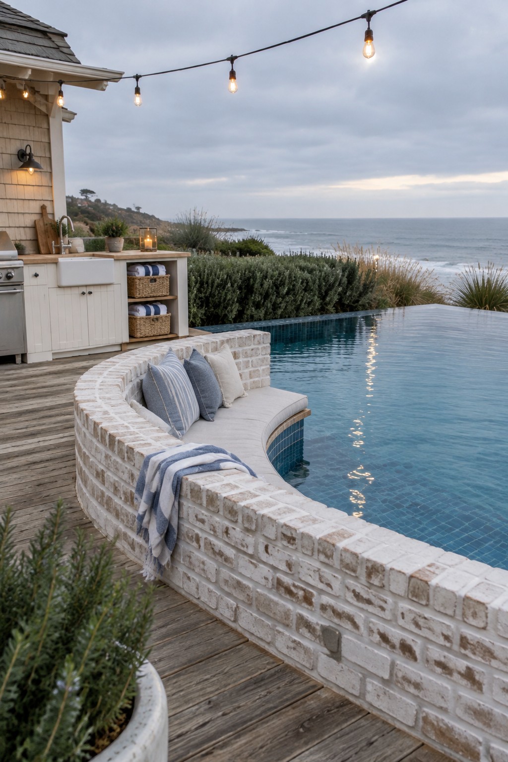 A curved brick bench with cushions is built into the edge of an infinity pool next to an outdoor kitchen on a wooden deck.