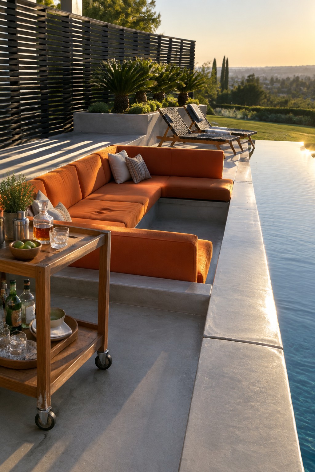 Orange sectional sofa and wooden bar cart beside infinity pool at sunset