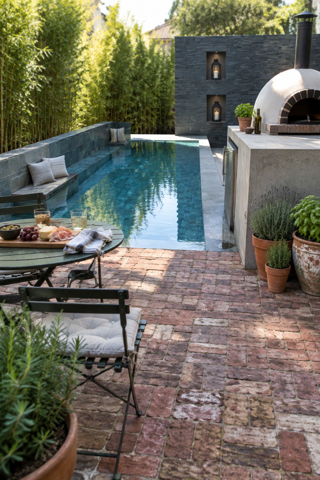 An outdoor rectangular pool with a wide built-in ledge holding cushions on the left, a round dining table with food and glasses nearby, and a concrete outdoor kitchen with pizza oven on a brick patio.