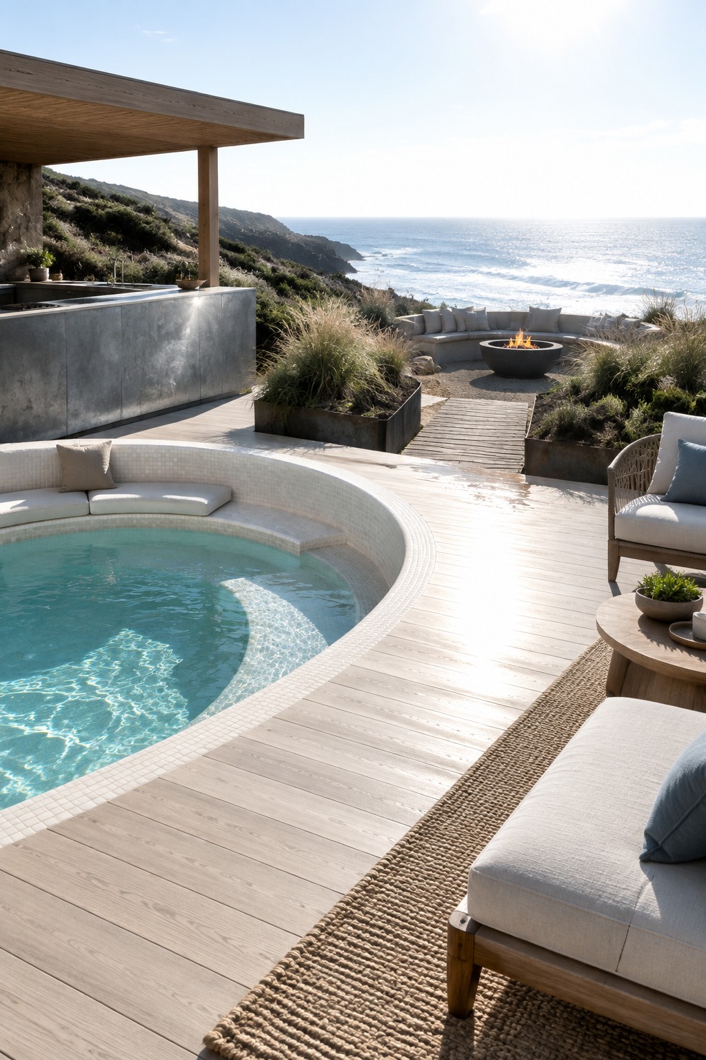 A curved infinity pool with built-in white cushioned seating along the tiled edge, set on a light wood deck overlooking the ocean with a fire pit area in the background.