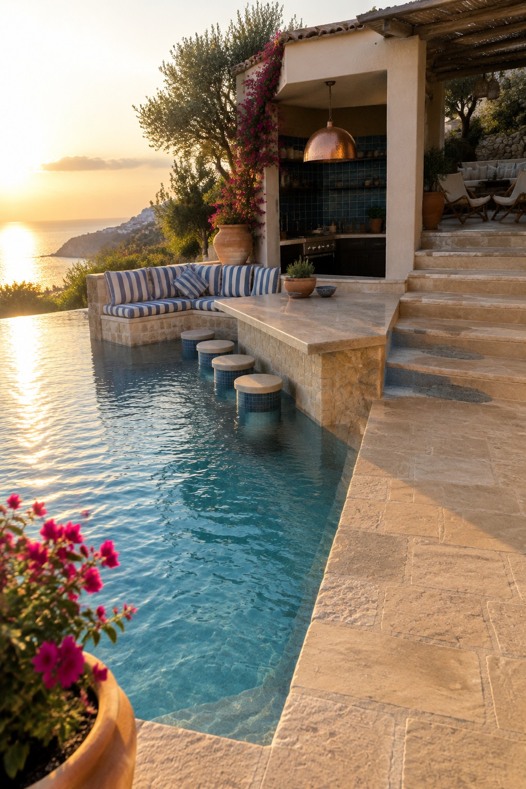 An infinity pool with built-in striped bench seating and submerged stools beside a stone outdoor kitchen counter with blue tile, set on a hillside overlooking the sea.