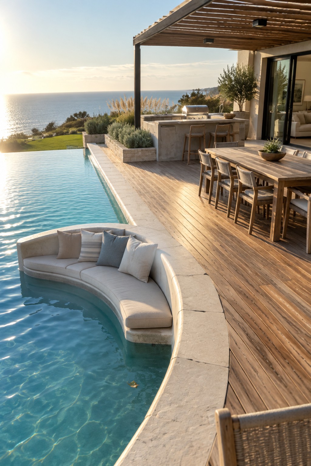 An infinity pool with curved built-in seating and cushions sits beside a wooden deck with a dining table, bar stools, and outdoor kitchen overlooking the ocean.