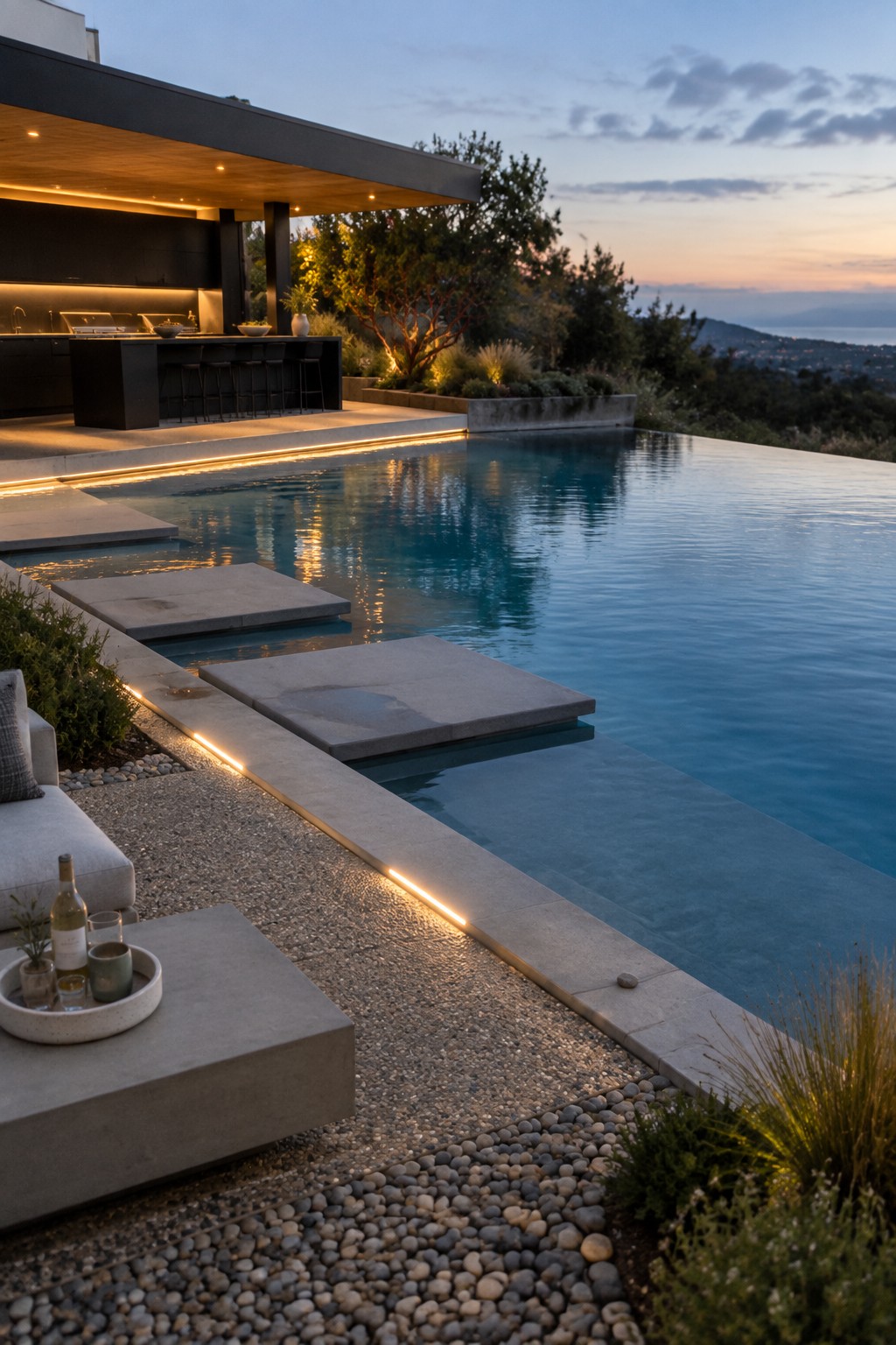 A modern infinity pool at dusk with concrete stepping platforms in the water, an outdoor kitchen and bar, and lounge seating on a gravel patio overlooking hills.