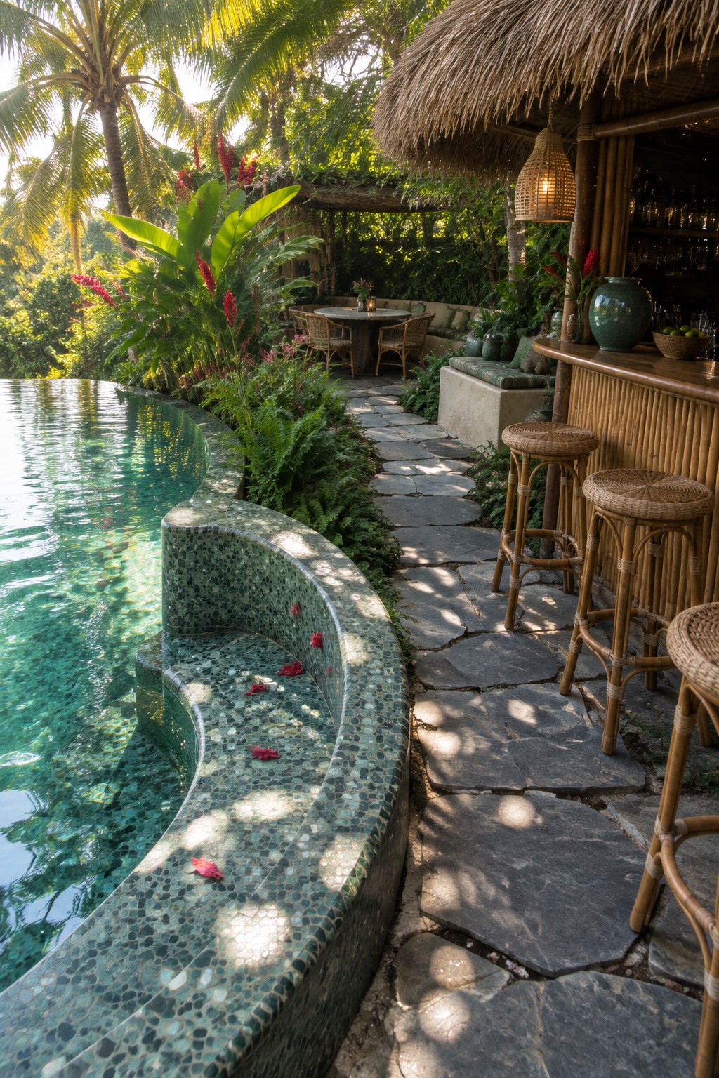 A curved mosaic-tiled bench built into the edge of an infinity pool beside a stone path and a bamboo bar with woven stools in a lush tropical garden.