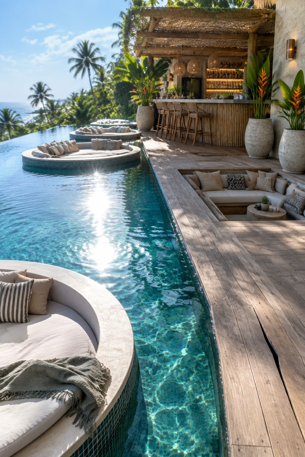 An infinity edge pool with multiple circular built-in lounges, a thatched bar with stools, and a wooden deck overlooking palm trees and the ocean.