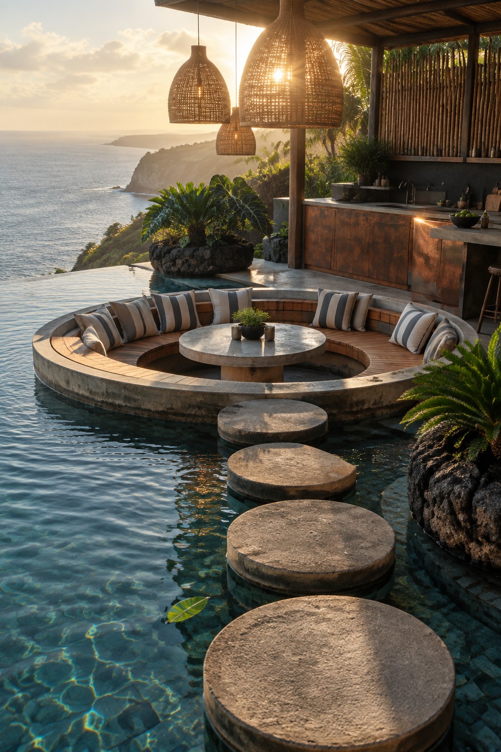 A circular concrete seating area with striped cushions and a central stone table sits at the edge of an infinity pool, with stone stepping stones crossing the water and woven pendant lights overhead.