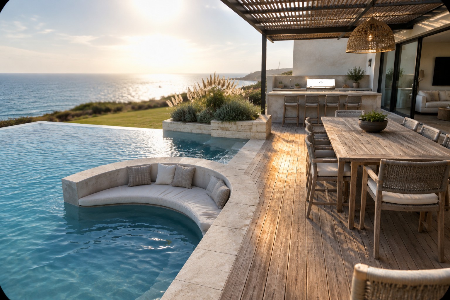 17 Captivating Infinity Pool Designs With Built-In Seating and Entertaining Areas An infinity pool with curved built-in seating and cushions sits beside a wooden deck with a dining table, bar stools, and outdoor kitchen overlooking the ocean.
