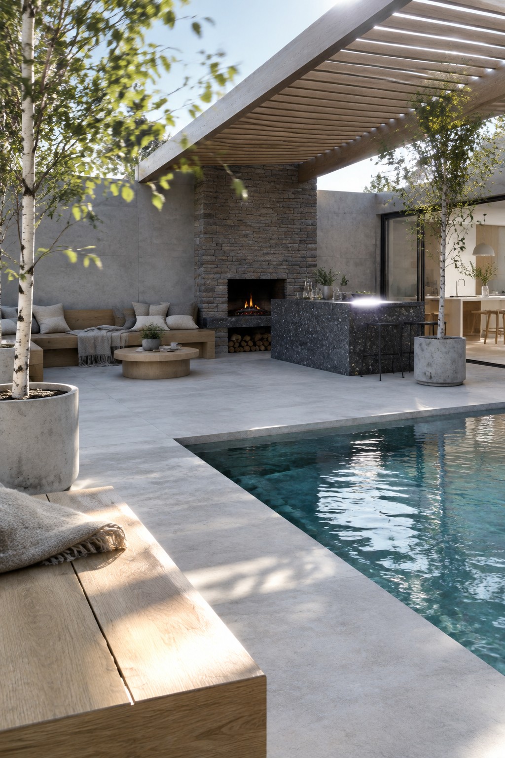 An outdoor patio with an infinity edge pool, wide concrete coping, a stone fireplace under a wooden pergola, a dark stone bar with stools, and potted birch trees.