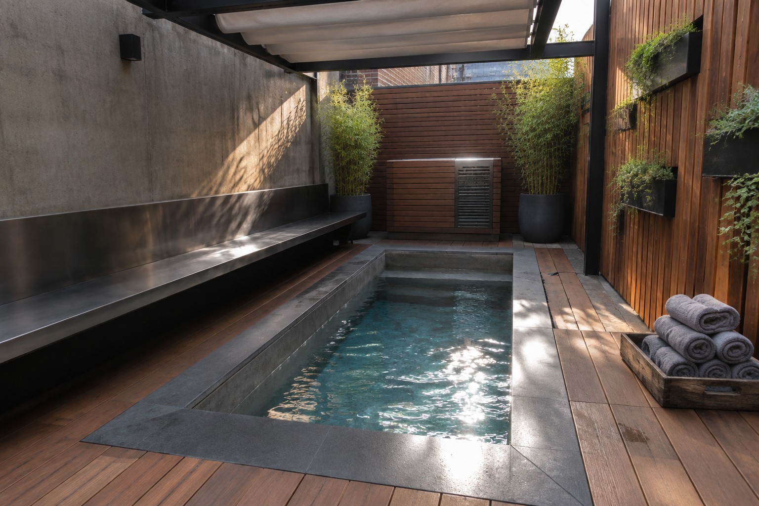 18 Cold Plunge Pool Ideas for Compact Residential Spaces A narrow rectangular plunge pool with clear blue water is set between a wooden deck and a stainless steel bench in a compact outdoor space with potted bamboo and a wooden privacy screen.