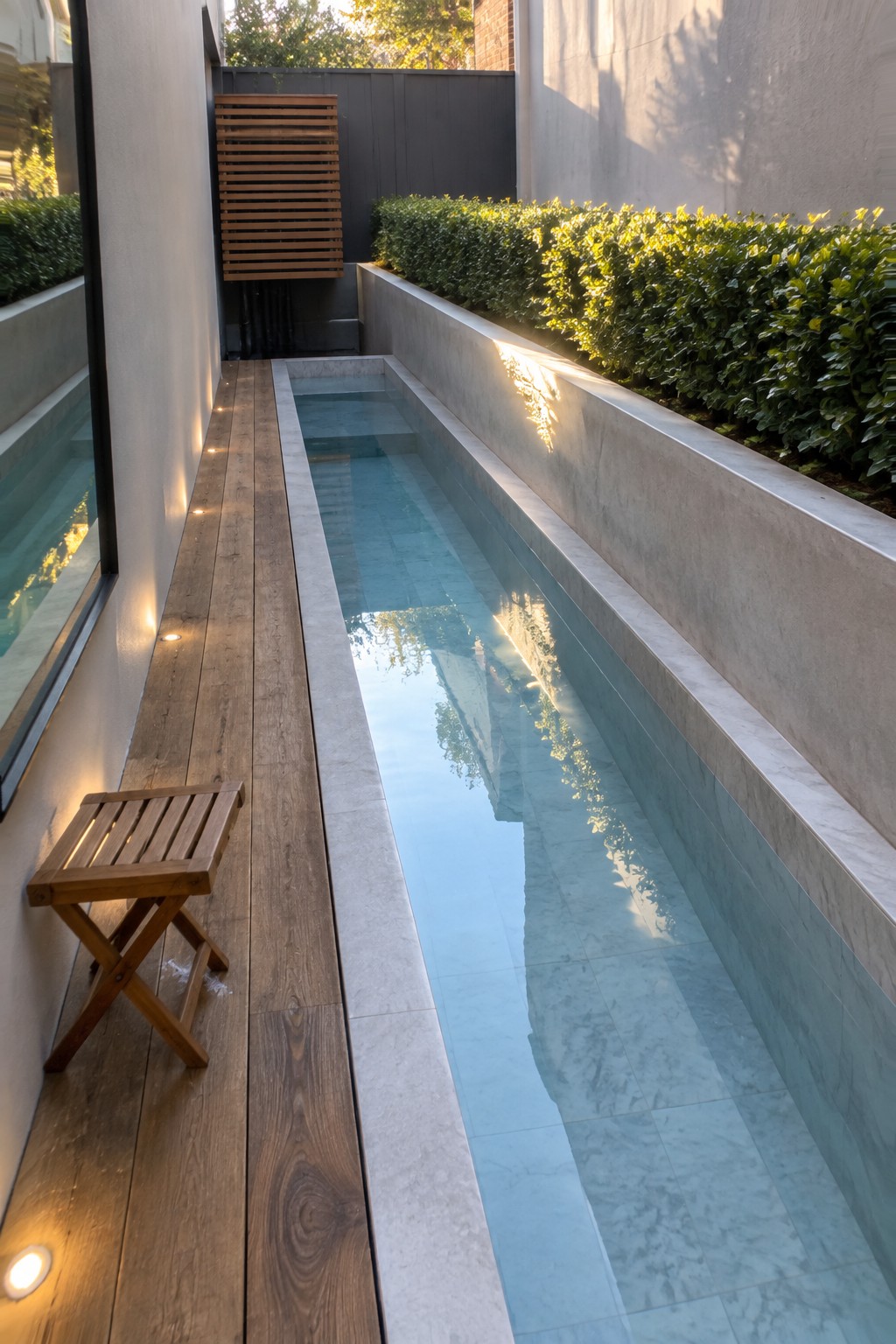 A narrow rectangular plunge pool with light blue water sits beside a wooden deck path in a compact outdoor space, bordered by concrete walls and green hedges.
