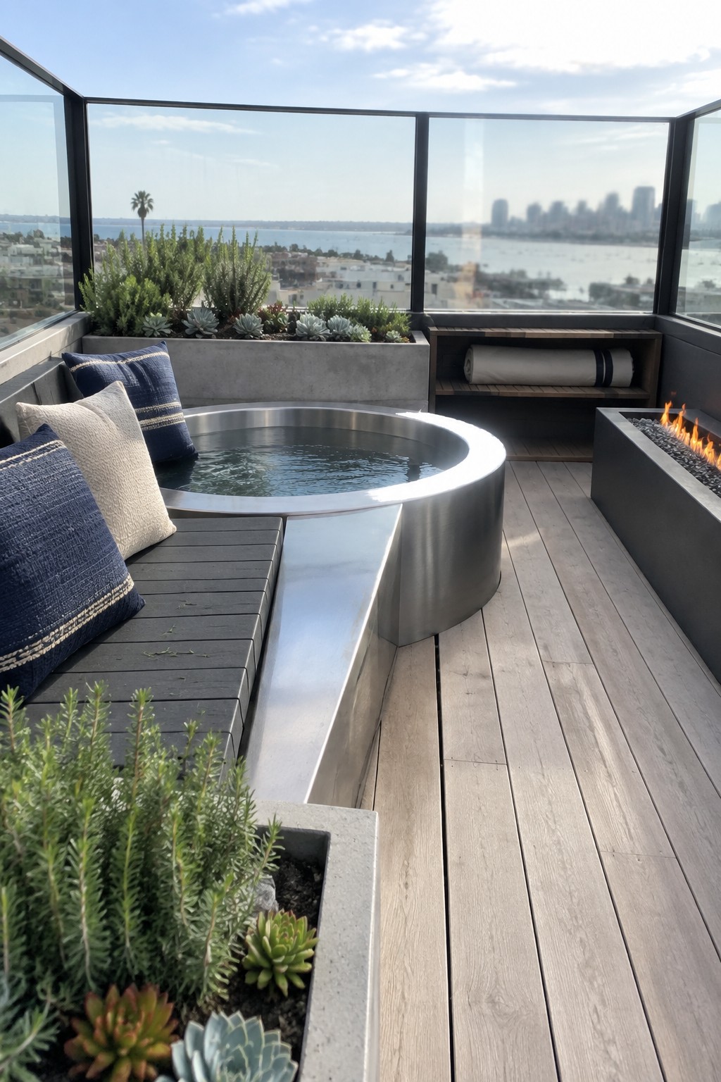 A round stainless steel plunge pool sits on a light wood deck beside a built-in bench with blue and beige cushions, a concrete planter with succulents, and a long fire pit with visible flames, with glass railings and a city skyline beyond.