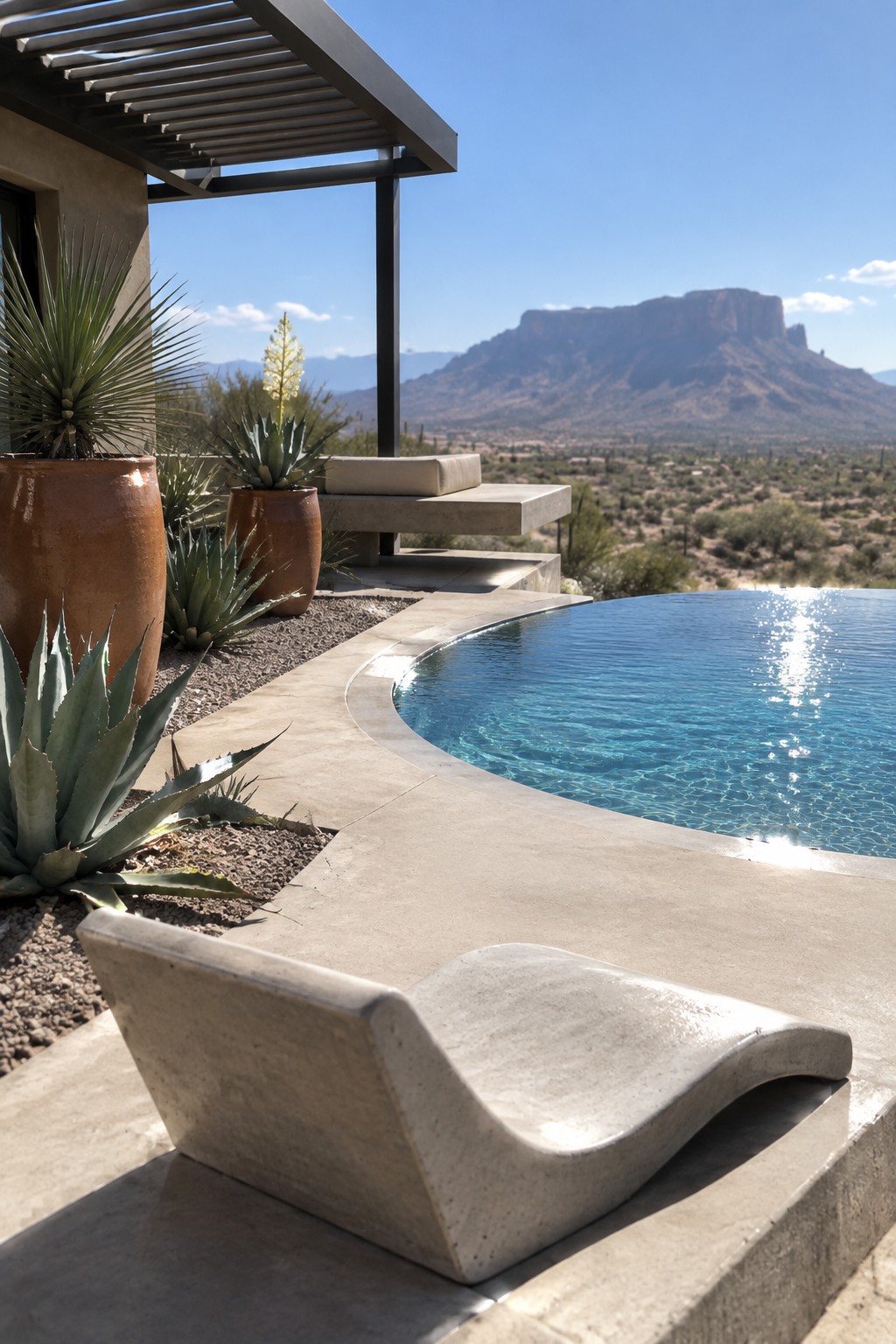19 Contemporary Infinity Pool Designs Featuring Geometric Pool Forms A modern infinity pool with curved concrete deck, sculptural concrete lounge chairs, potted desert plants, and a distant mountain view.