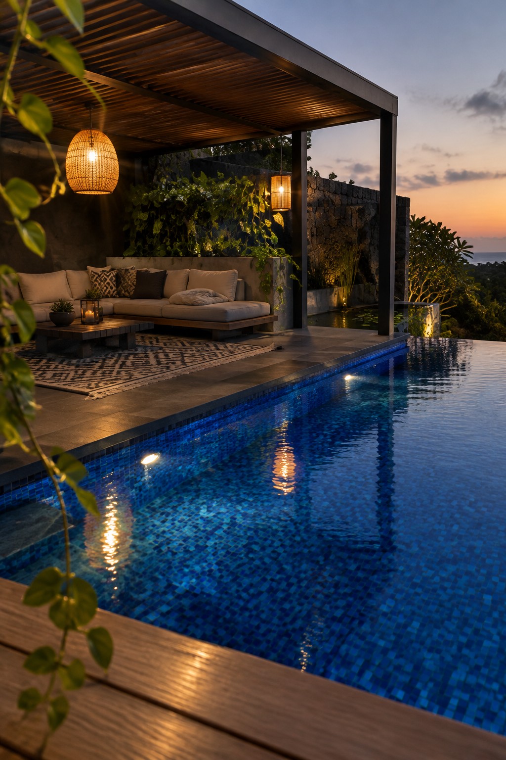 19 Contemporary Infinity Pool Designs Featuring Geometric Pool Forms Modern lounge with sofa beside glowing blue infinity pool at sunset