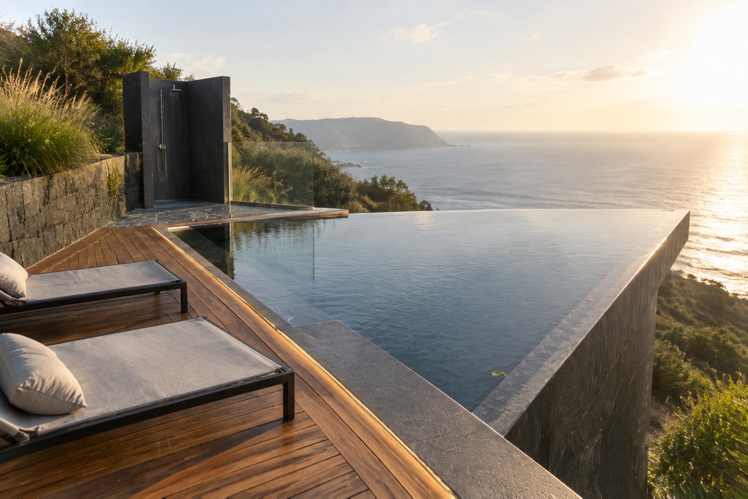 An angular infinity pool with a glass barrier borders a wooden deck with two lounge chairs and an outdoor shower, overlooking the ocean.