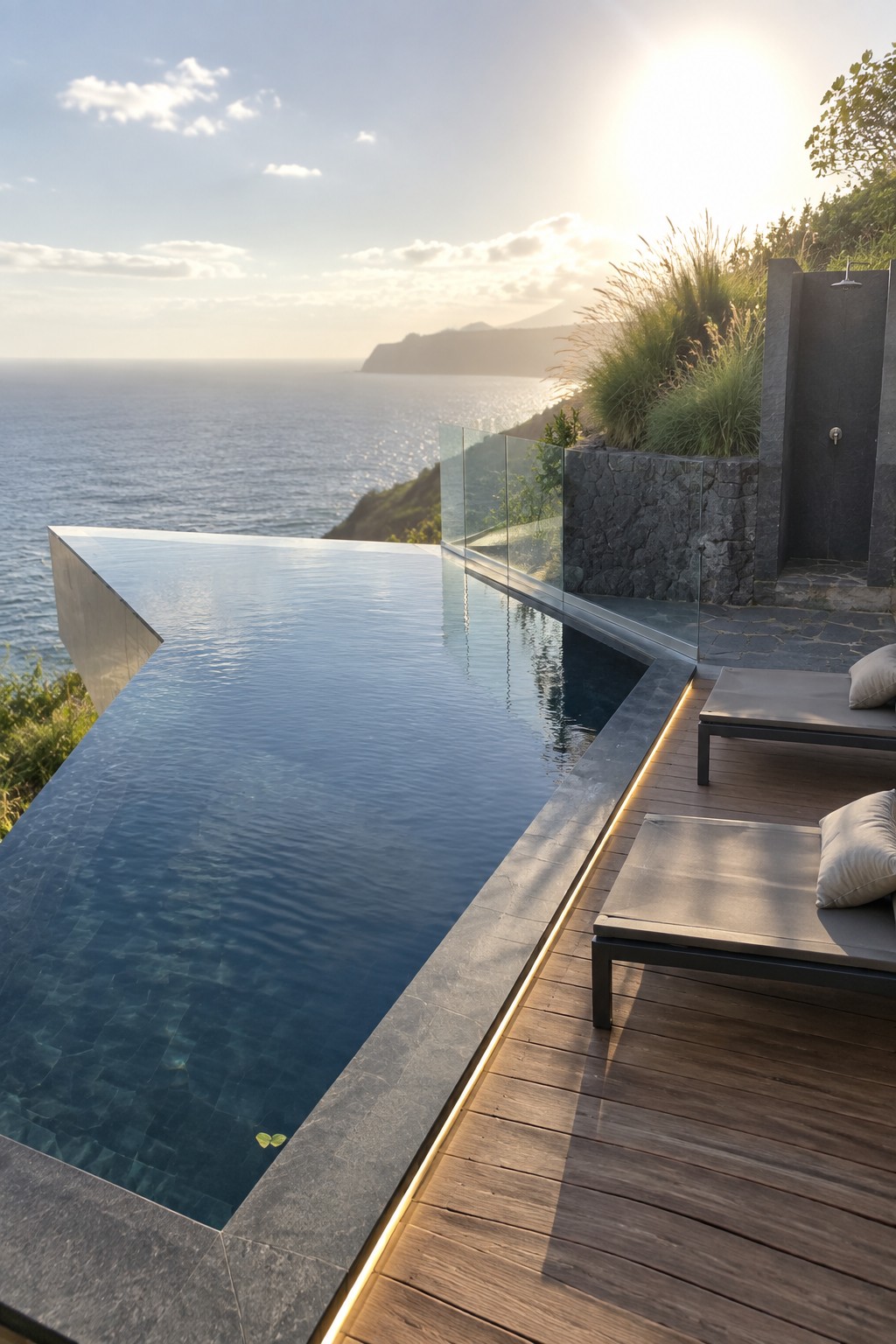 19 Contemporary Infinity Pool Designs Featuring Geometric Pool Forms An angular infinity pool with a glass barrier borders a wooden deck with two lounge chairs and an outdoor shower, overlooking the ocean.