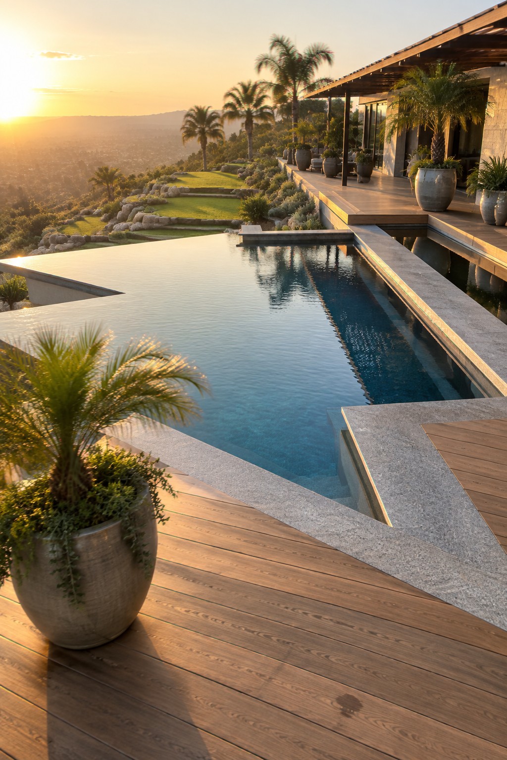 19 Contemporary Infinity Pool Designs Featuring Geometric Pool Forms A rectangular infinity pool with sharp geometric edges sits beside a wooden deck with large potted plants, overlooking hills at sunset.