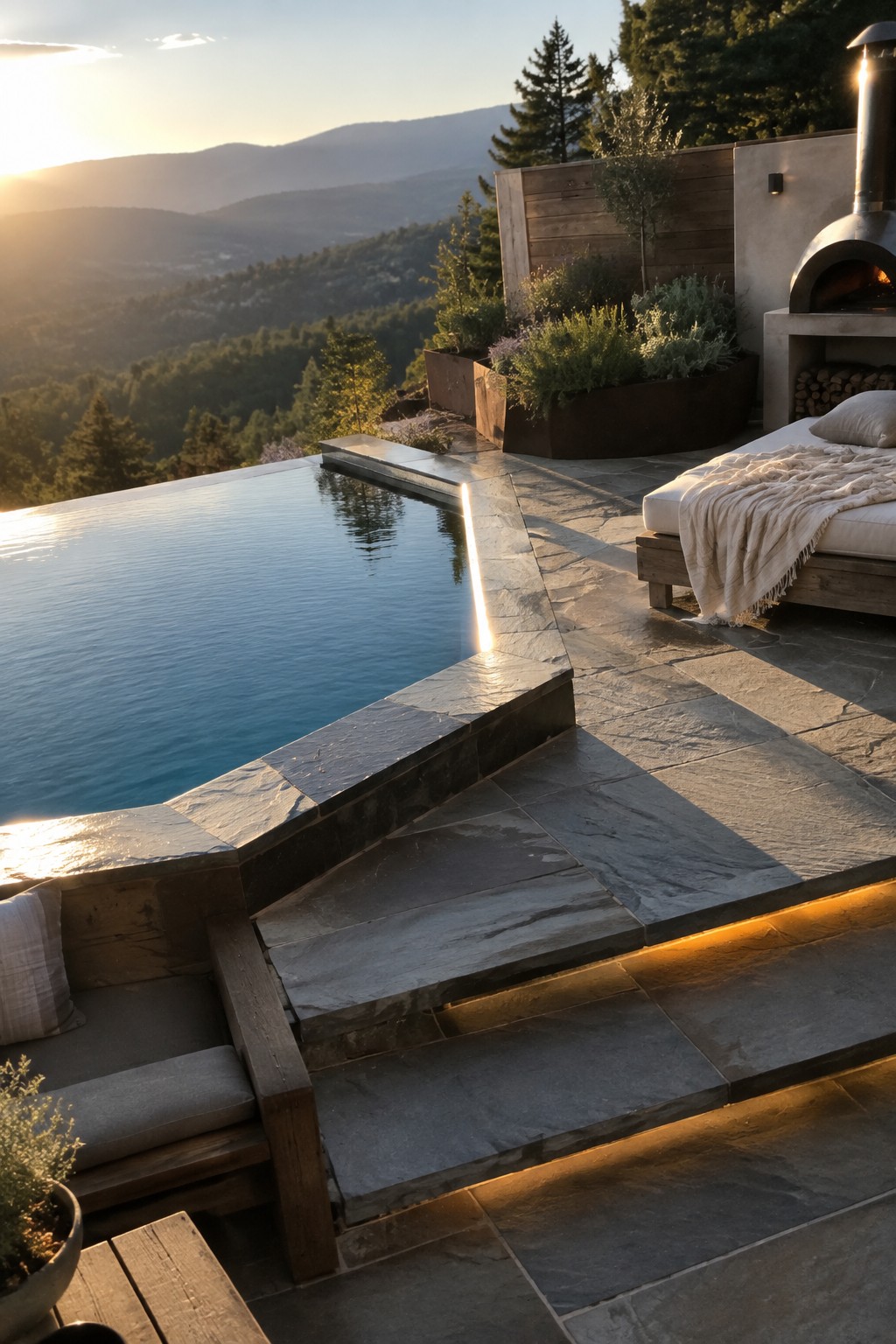 19 Contemporary Infinity Pool Designs Featuring Geometric Pool Forms Infinity pool on stone patio with daybed, pizza oven overlooking mountains at sunset