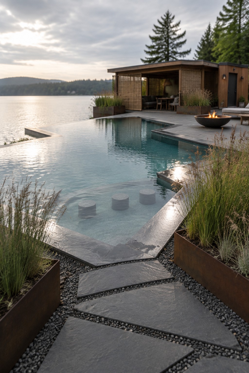 19 Contemporary Infinity Pool Designs Featuring Geometric Pool Forms Modern infinity pool with stone path, fire pit and wooden house by lake