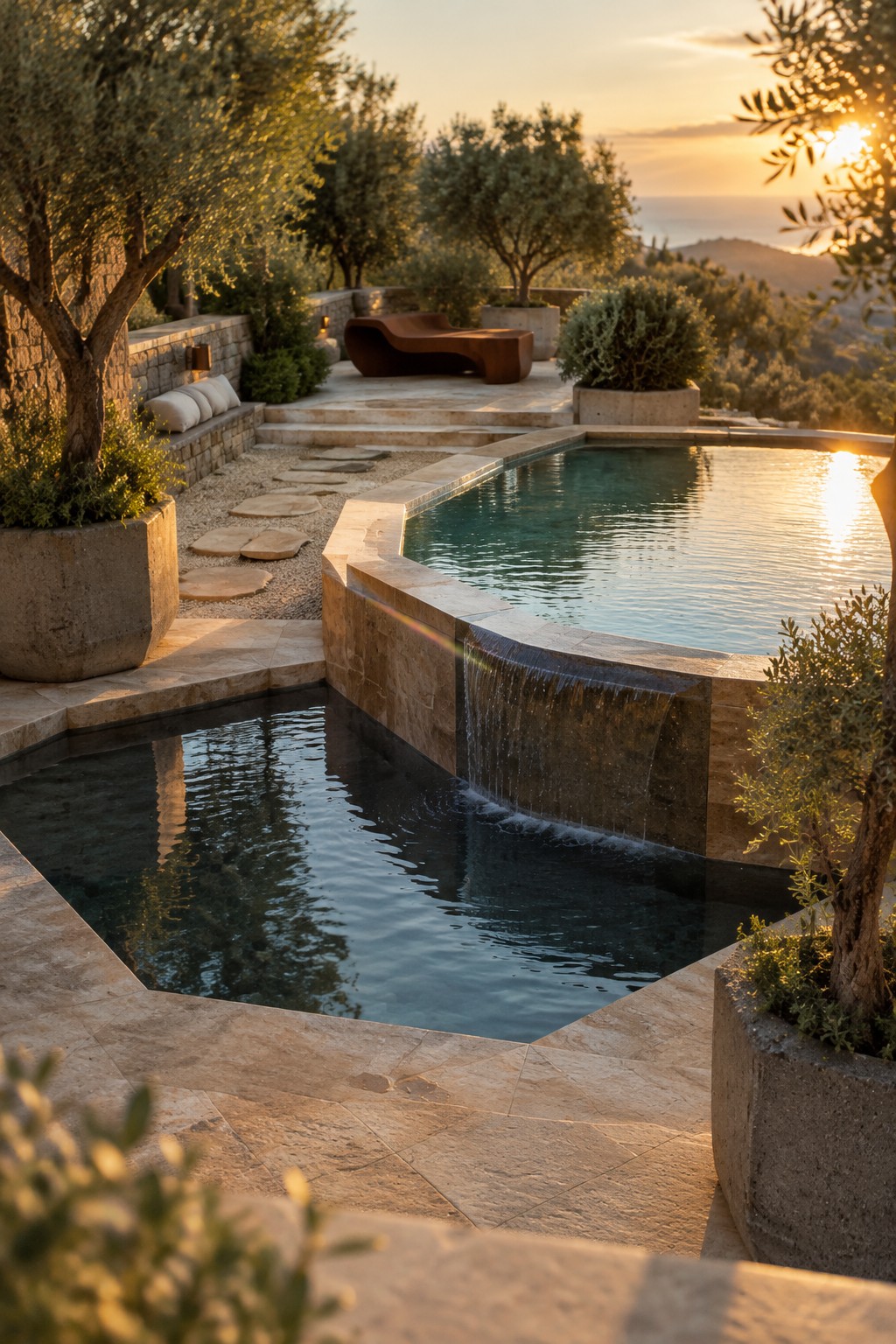 19 Contemporary Infinity Pool Designs Featuring Geometric Pool Forms A rectangular infinity pool with geometric edges overflows into a lower rectangular basin, set on a stone terrace with steps and gravel paths overlooking the sea.