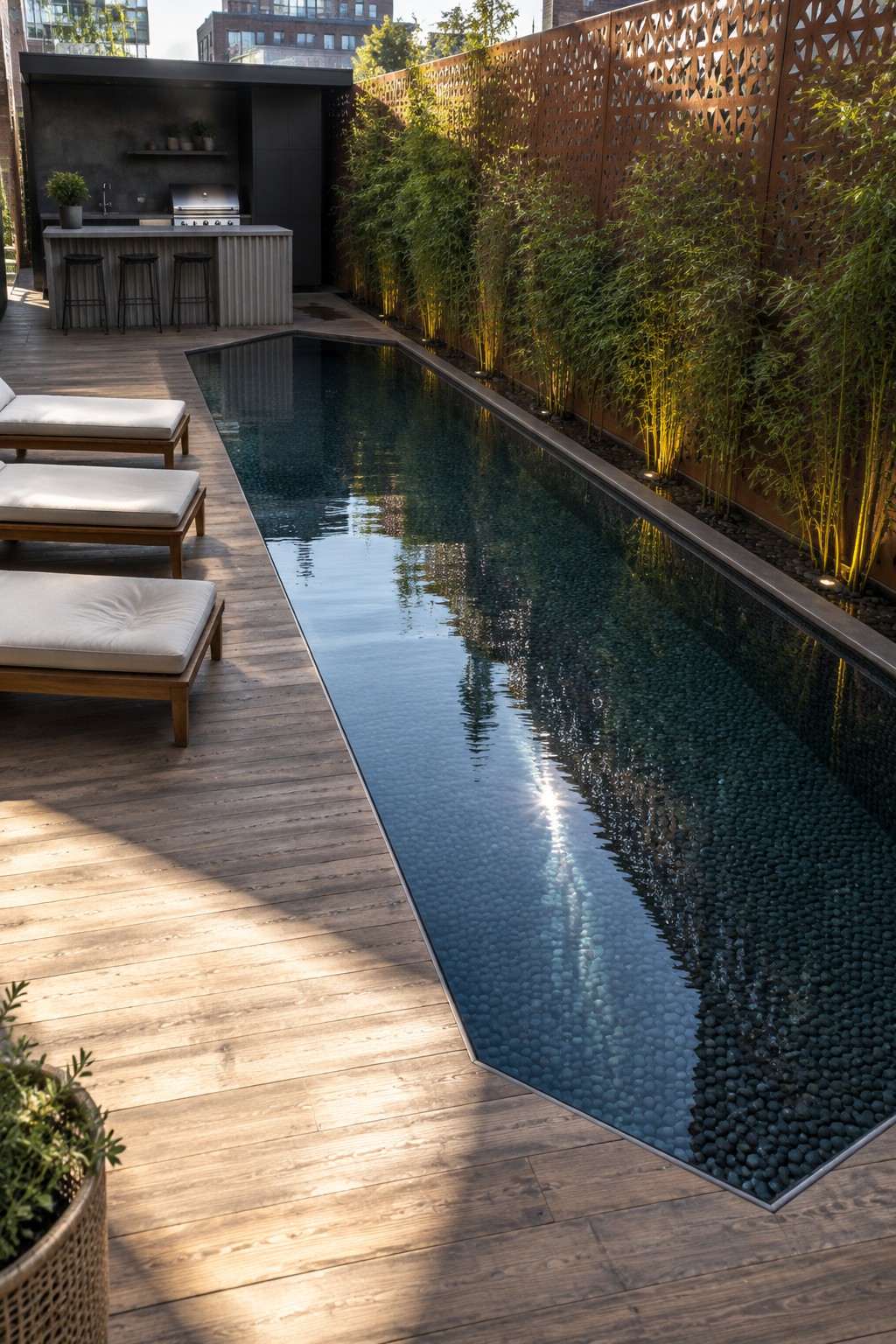 19 Contemporary Infinity Pool Designs Featuring Geometric Pool Forms Modern narrow pool with pebble bottom on wooden deck, white loungers and bamboo screen.
