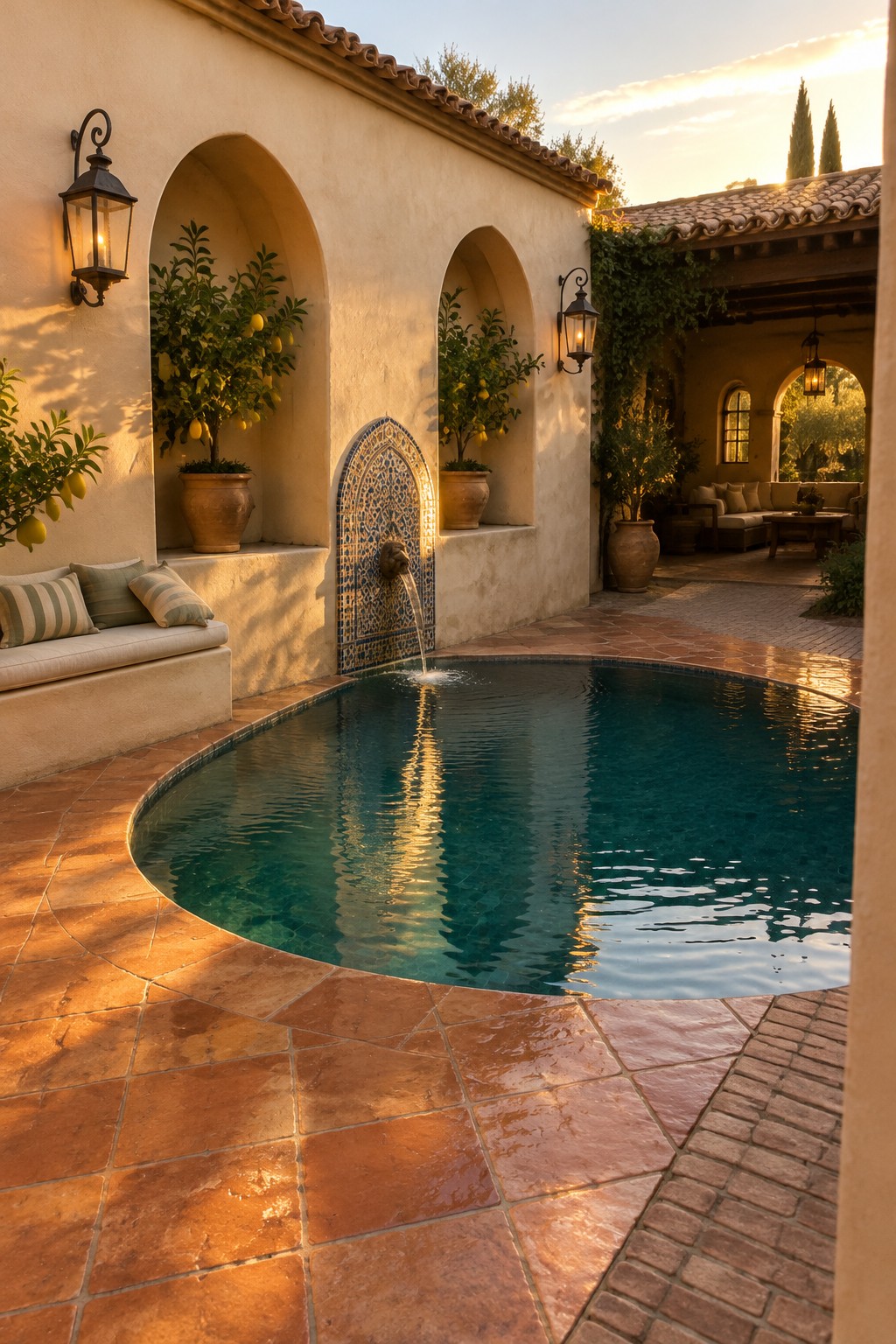 19 Contemporary Infinity Pool Designs Featuring Geometric Pool Forms A circular pool with blue mosaic tiles sits in a brick courtyard, surrounded by arched walls, potted lemon trees, and a tiled wall fountain.
