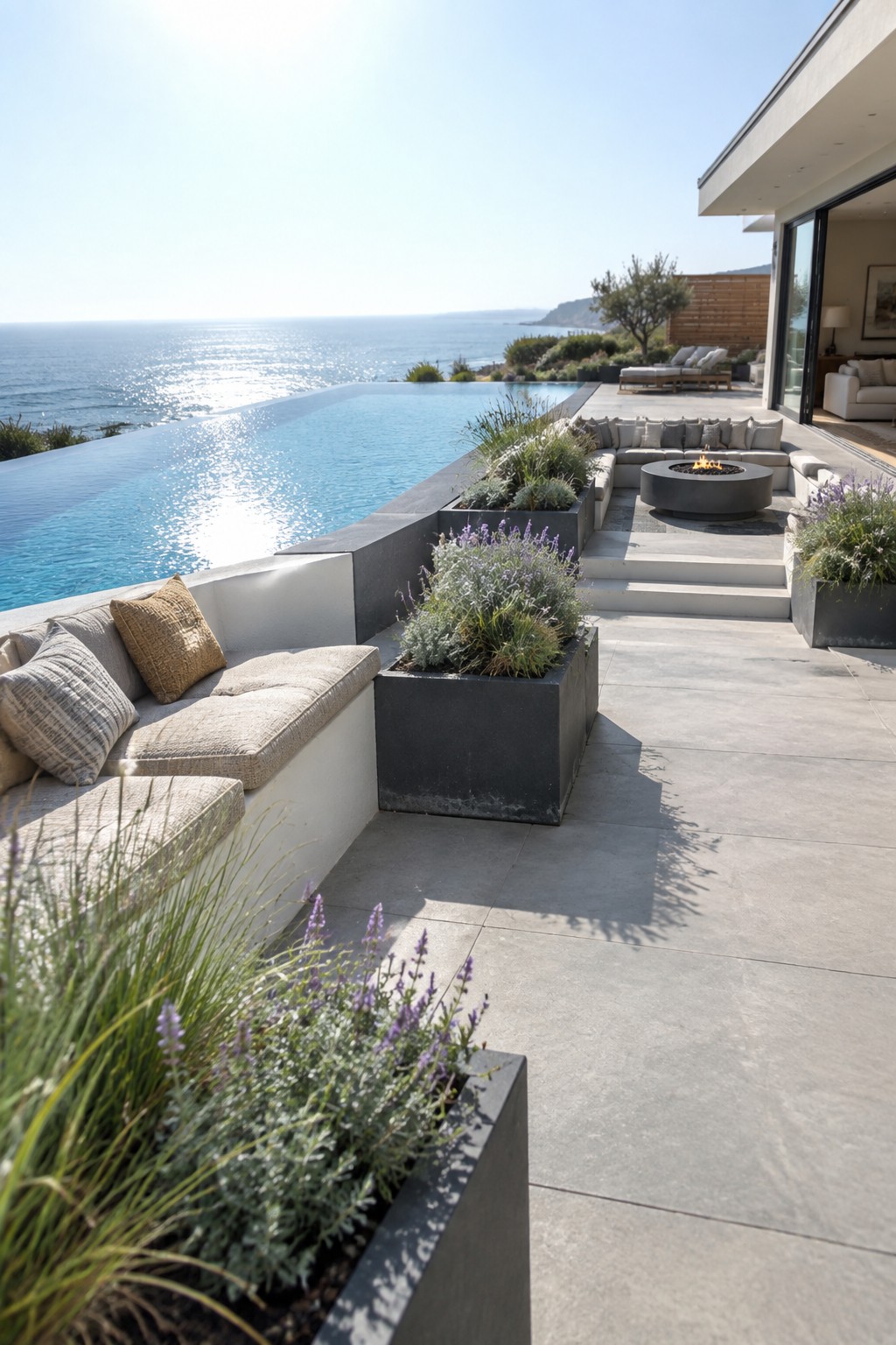 19 Contemporary Infinity Pool Designs Featuring Geometric Pool Forms Modern infinity pool overlooking ocean with fire pit, planters, and patio seating area
