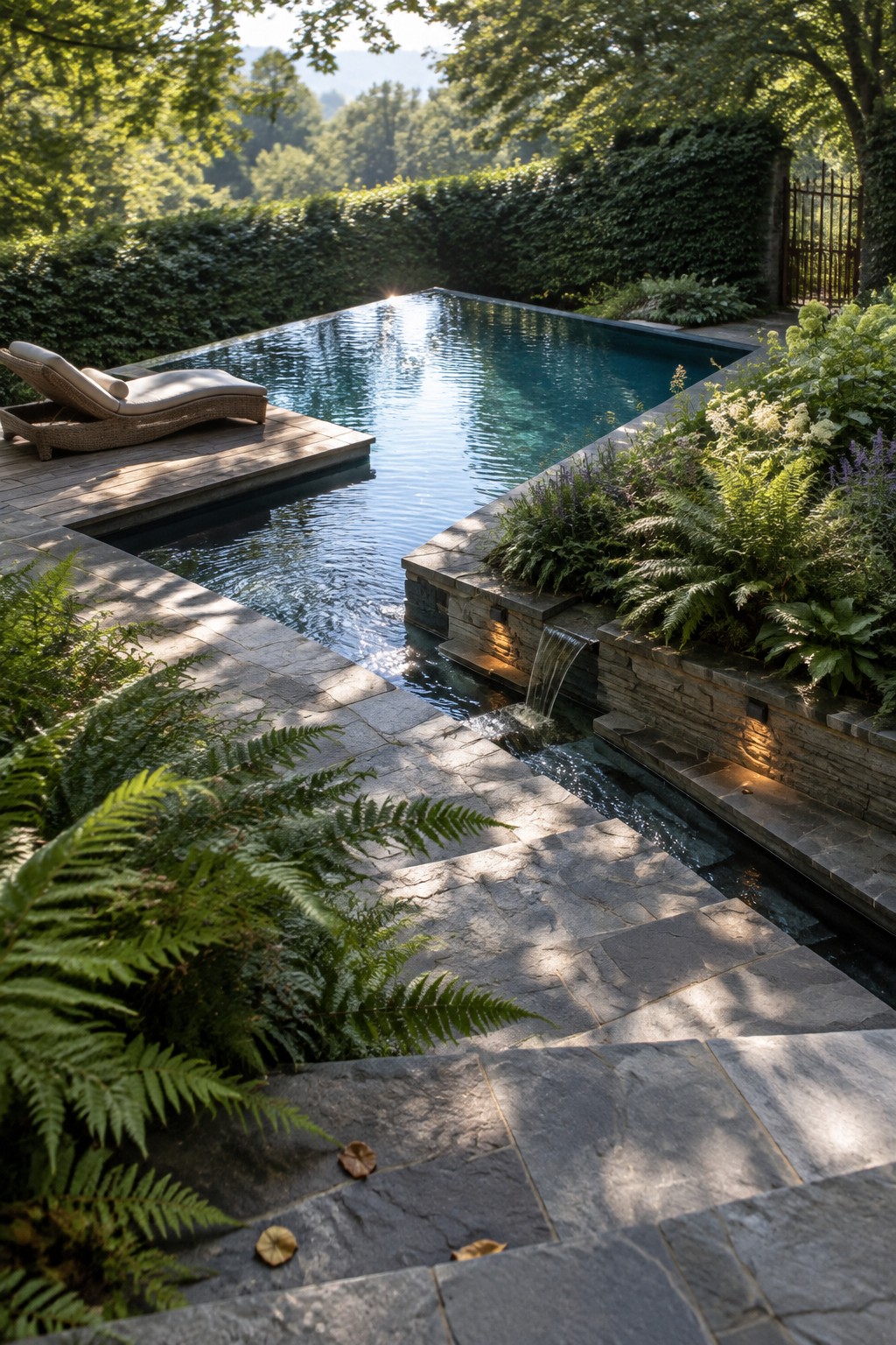 19 Contemporary Infinity Pool Designs Featuring Geometric Pool Forms A rectangular infinity pool with stone coping, built-in steps, a small cascading water feature, and a wooden deck holding one lounge chair, surrounded by ferns and trees.