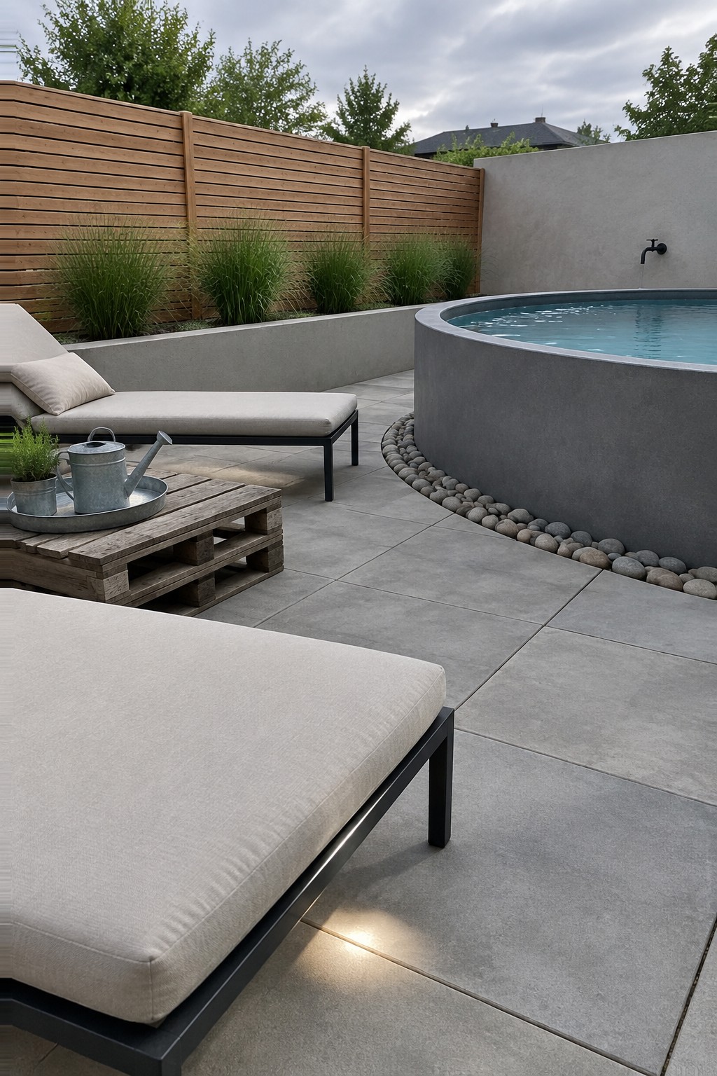 A round above-ground pool with a gray concrete surround sits on a gray tiled patio, edged by a border of smooth gray pebbles, with two lounge chairs and a wooden pallet table nearby.