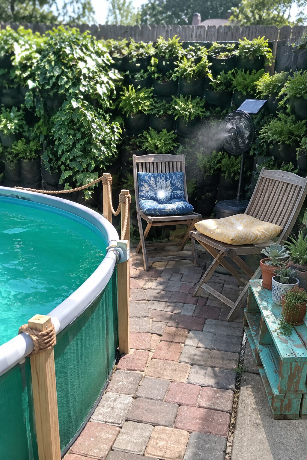 An above-ground pool with turquoise water next to a brick patio, two wooden chairs, and a fence lined with black vertical planters filled with green foliage, plus a misting fan.