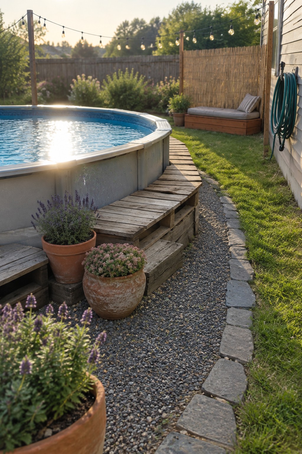 Above ground pool with pallet wood decking and steps, potted plants, gravel path with stone edging, and string lights in a backyard garden.