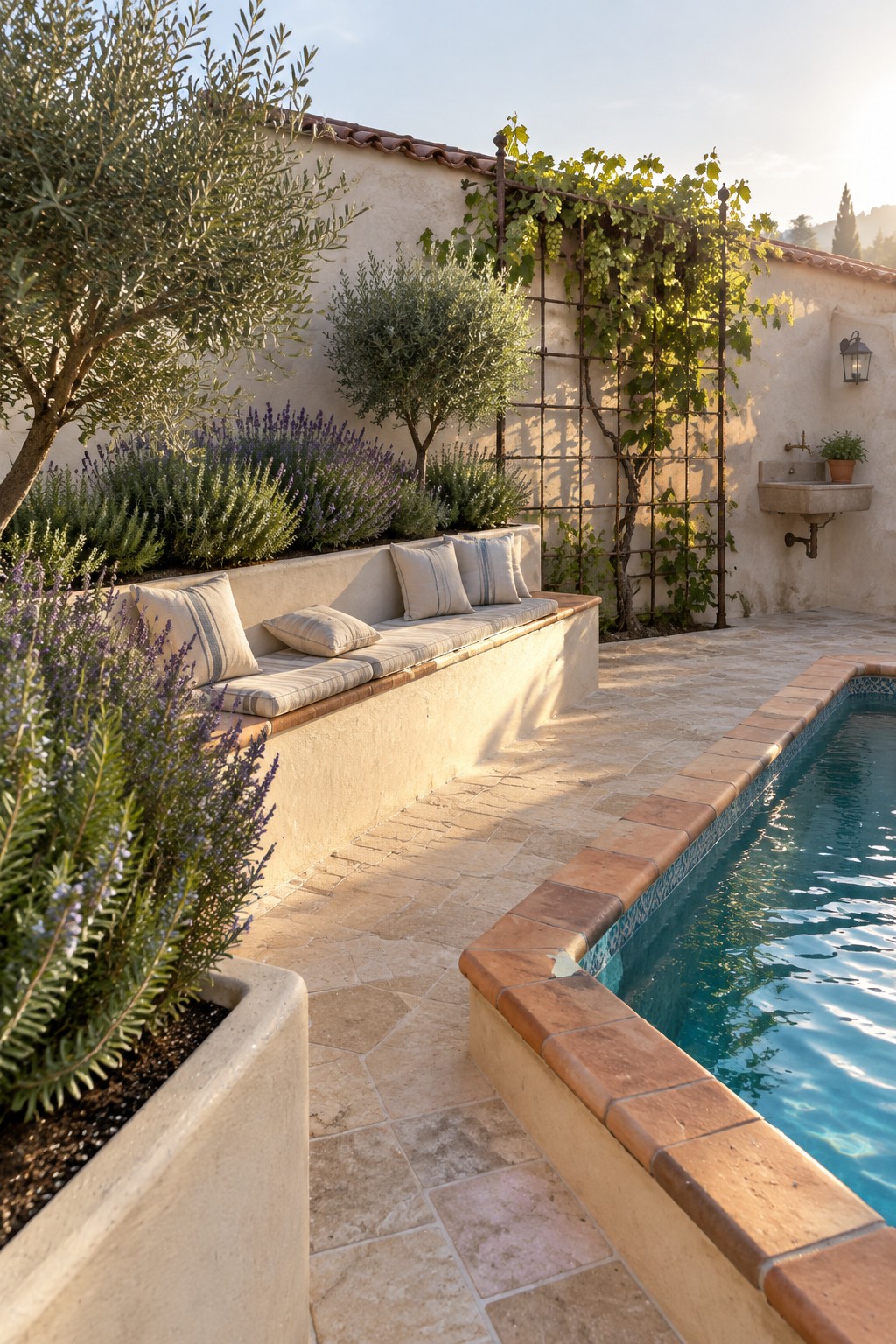 A rectangular pool with terracotta coping borders a stone patio that holds a long built-in concrete bench with striped cushions, lavender bushes, and olive trees.