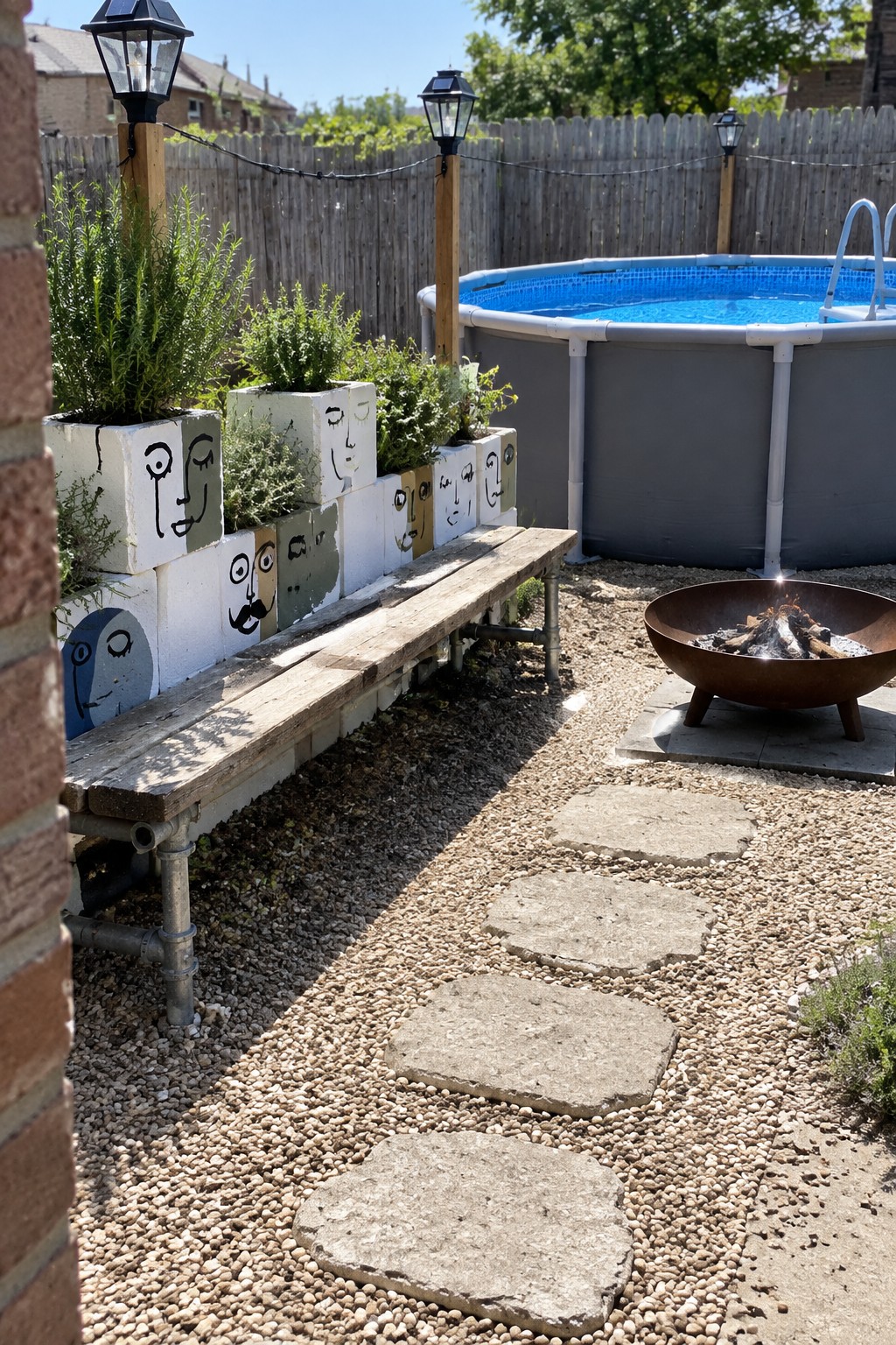 A backyard view showing an above ground pool, a fire pit on pavers, and a long bench made from stacked painted cinder blocks used as planters, set beside a gravel path with concrete stepping stones.