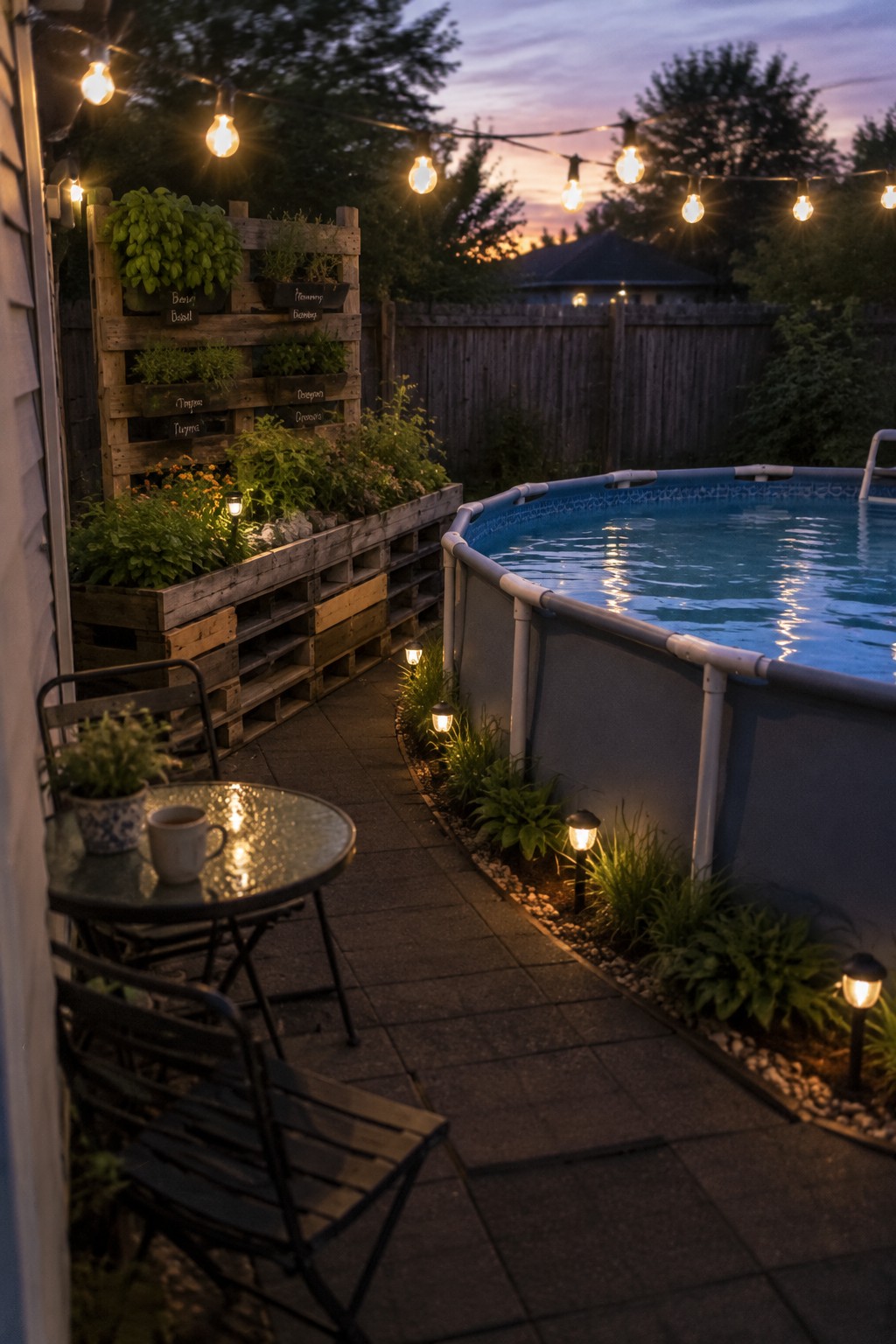 Backyard view of an above-ground pool with a wooden pallet vertical herb garden, string lights, and a small patio table at dusk.