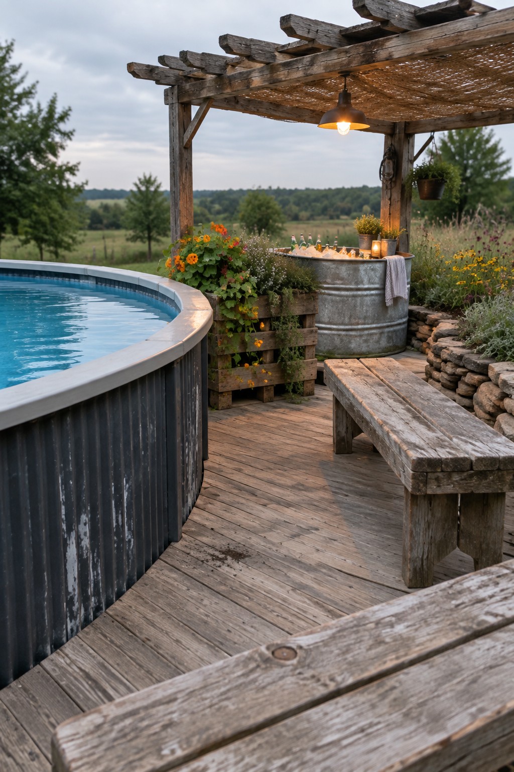 Rustic deck with stock tank pool, pergola, ice-filled drink tub, bench, and flowers