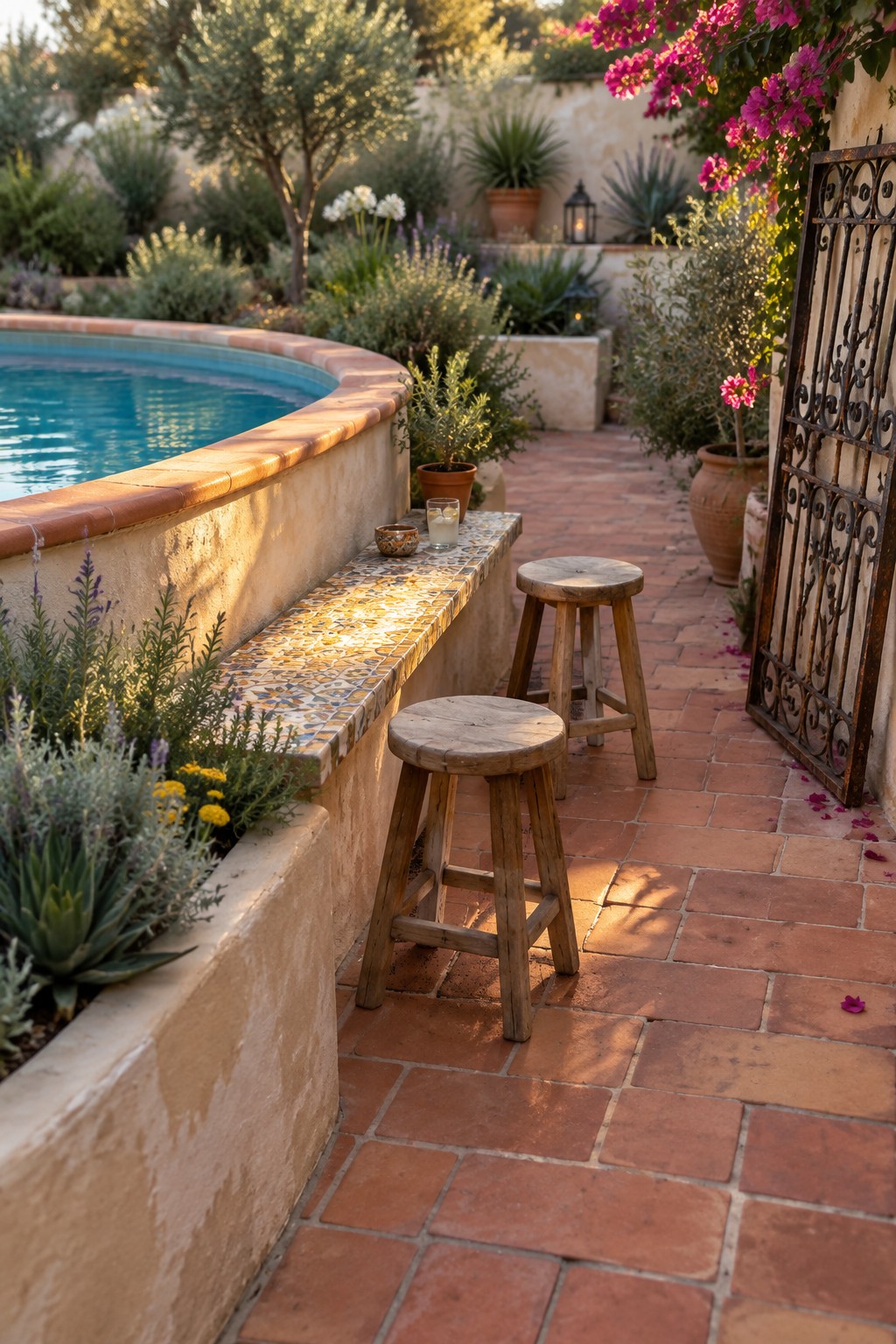 An above ground pool with a wide colorful tiled coping ledge, two wooden stools pulled up to it, and surrounding brick patio with plants and flowers.