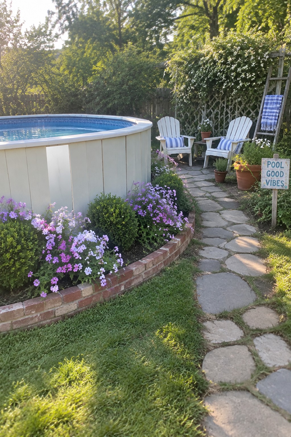An above ground pool with a curved brick border around a bed of purple flowers, a stone path, and two white chairs on a patio area.
