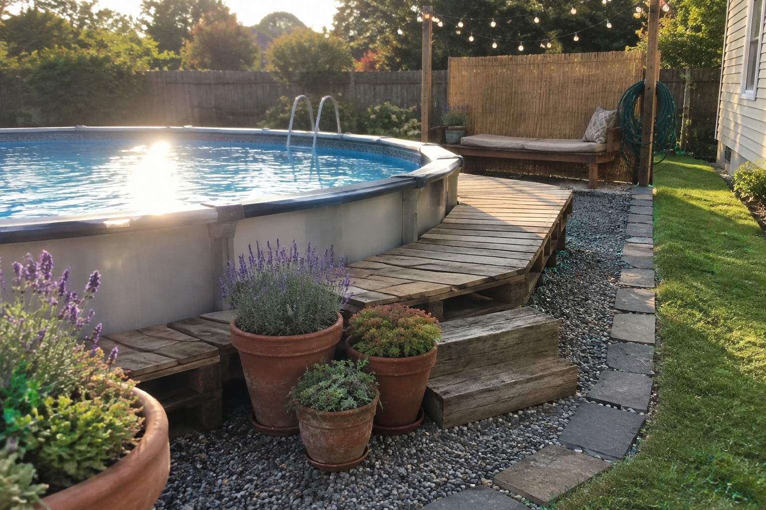 Above ground pool with pallet wood decking and steps, potted plants, gravel path with stone edging, and string lights in a backyard garden.