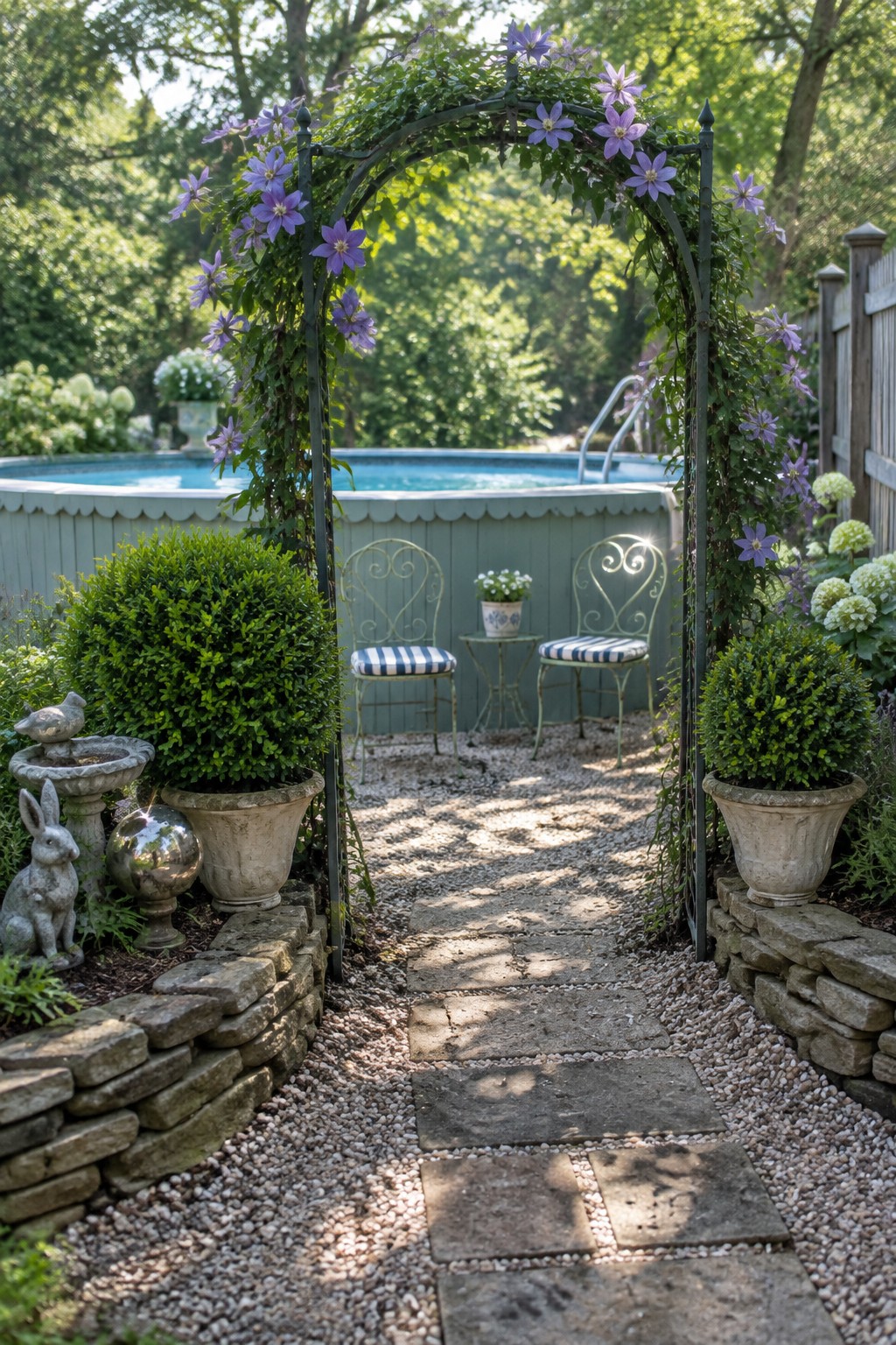 A stone and gravel path leads under a metal garden arch covered in purple clematis vines toward an above-ground pool, with two chairs and potted shrubs beside the path.