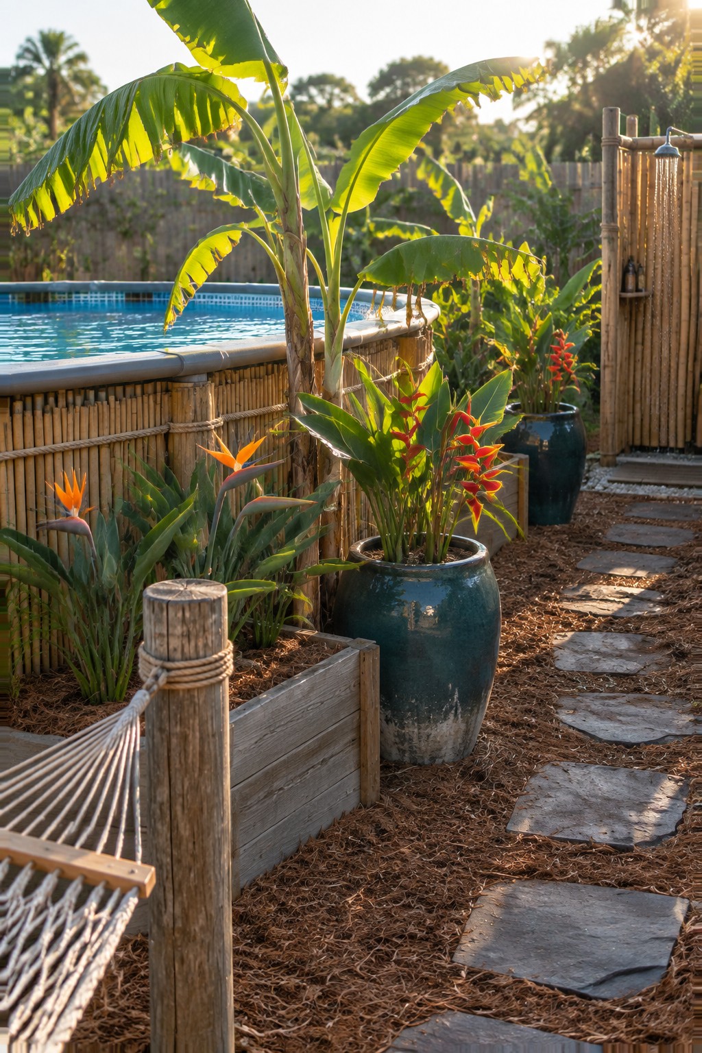 Lush tropical garden with pool, banana plants, orange bird of paradise flowers, stone path and hammock.